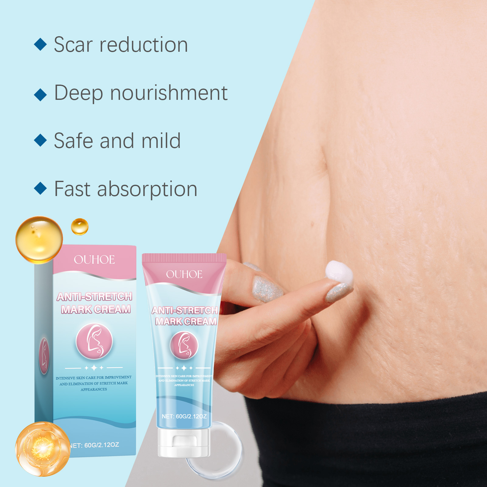 White cream texture applied to abdominal skin