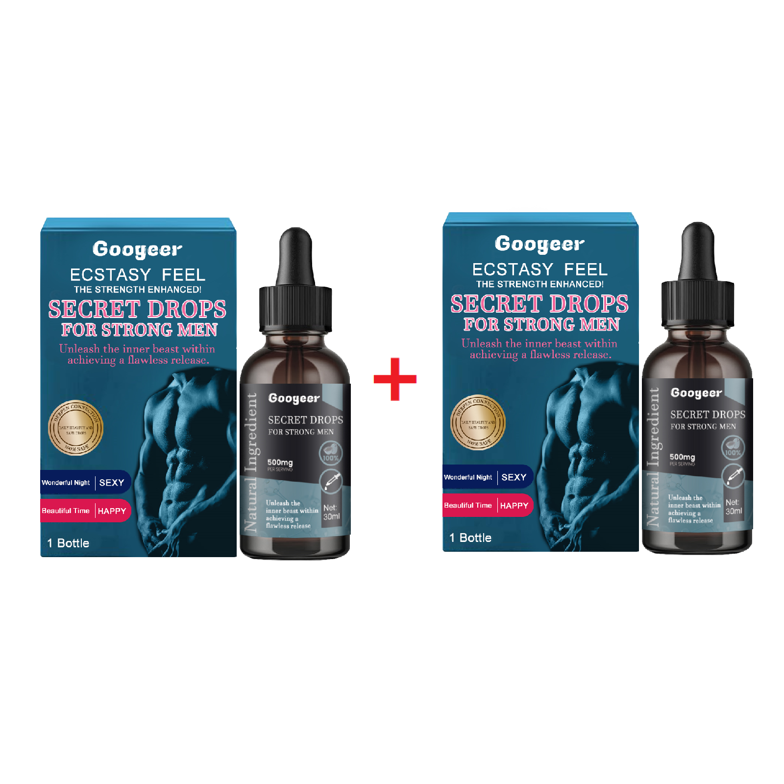 Googeer Ecstasy Feel Secret Drops single bottle with teal box and muscular male imagery, showcasing premium packaging and dropper applicator