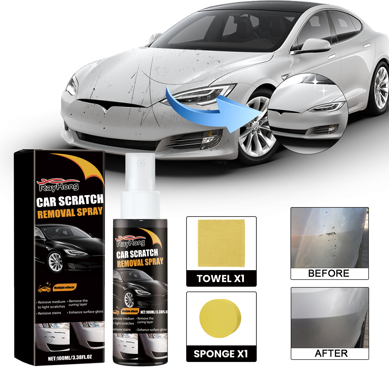 Scratch remover kit beside vehicle paint comparison panels