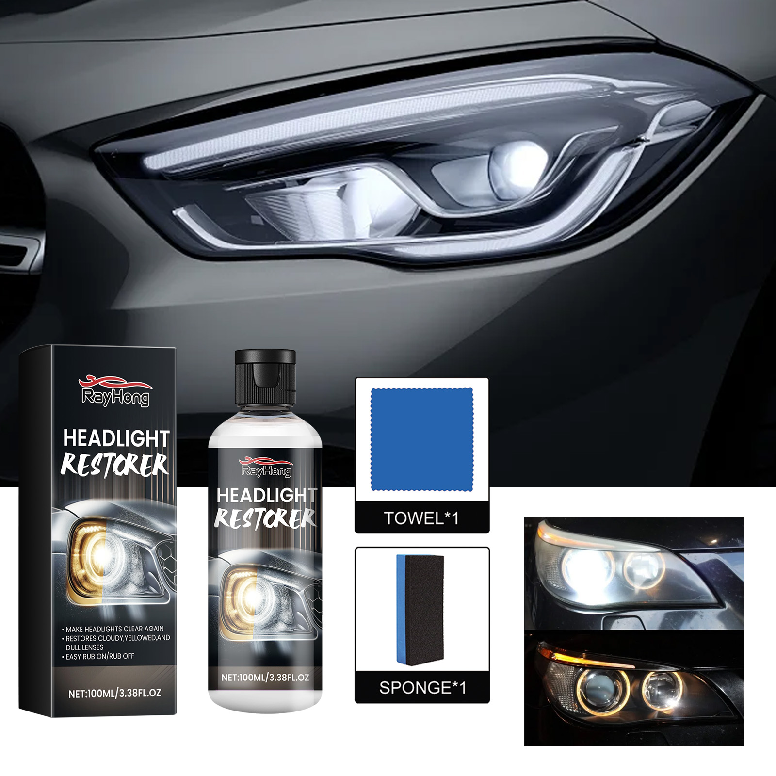 Headlight restorer kit beside hazy vehicle lens
