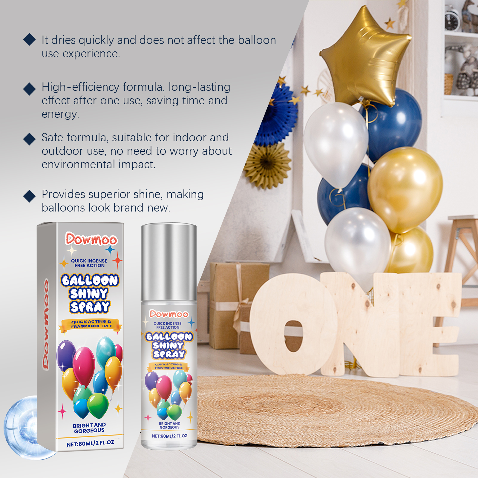 Balloon shine spray beside colorful indoor balloon display