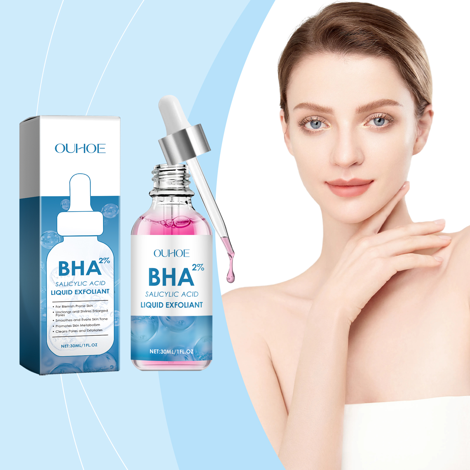 Skincare user beside compact BHA dropper bottle
