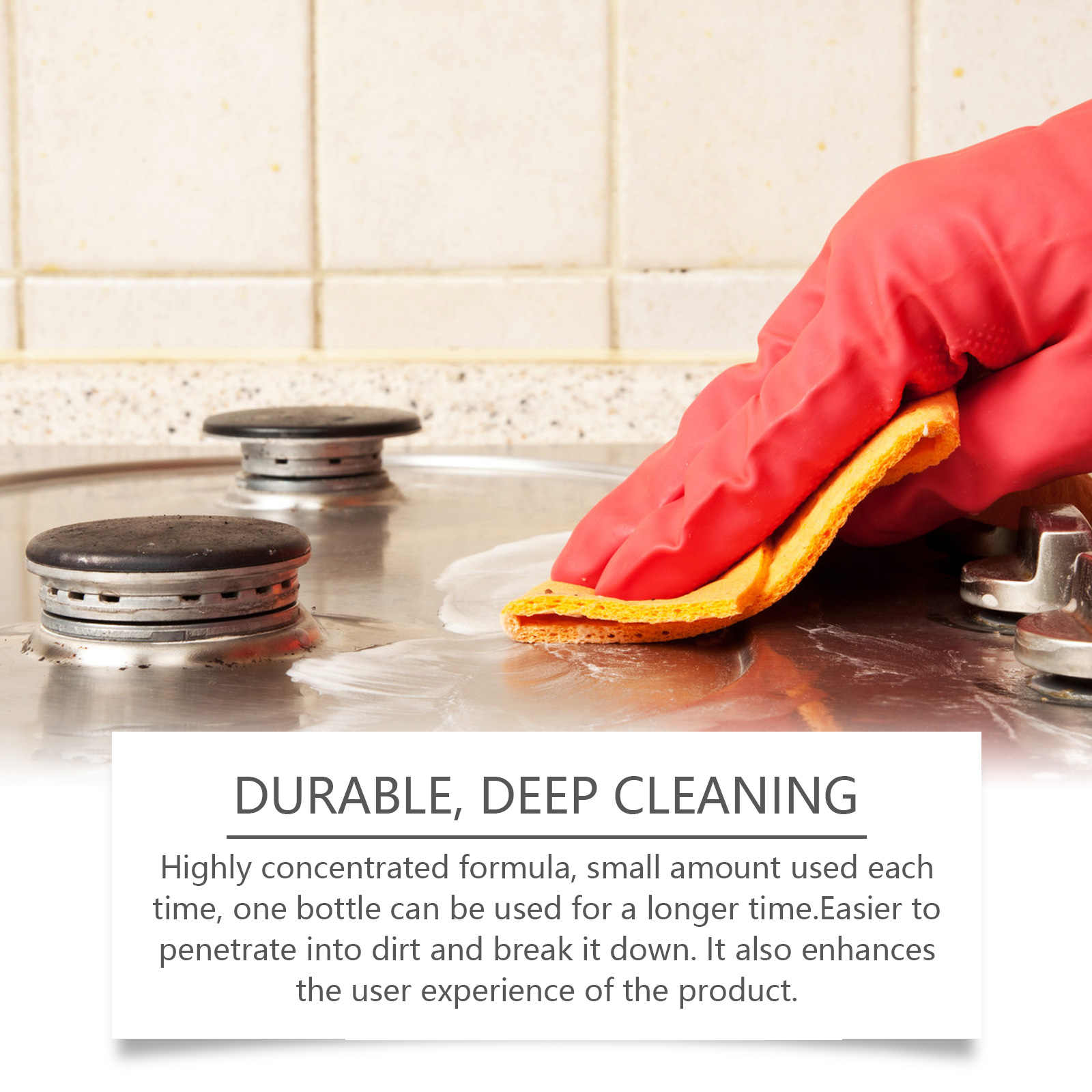 Gloved hand cleaning greasy stovetop with spray