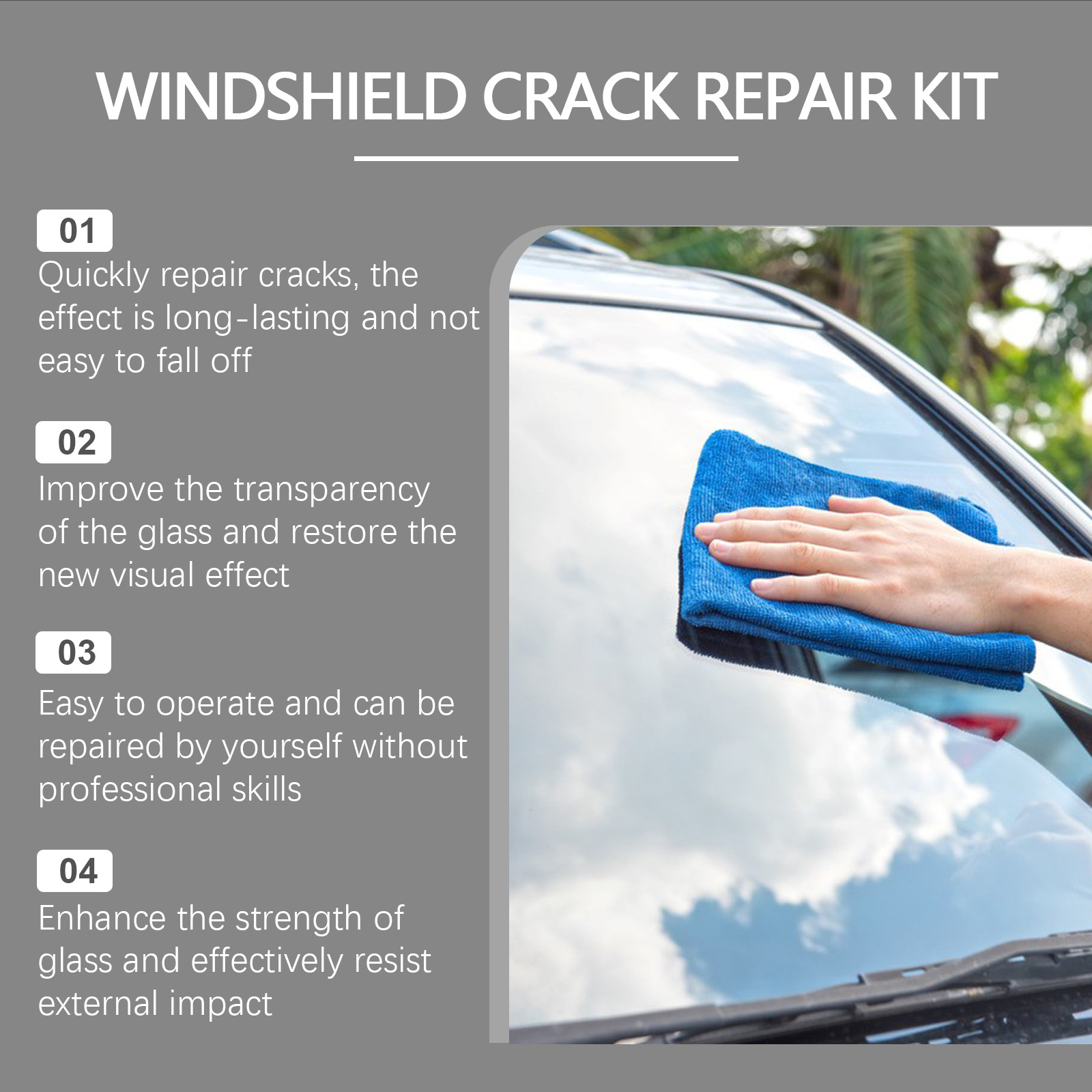 Scraping tool positioned beside treated windshield glass
