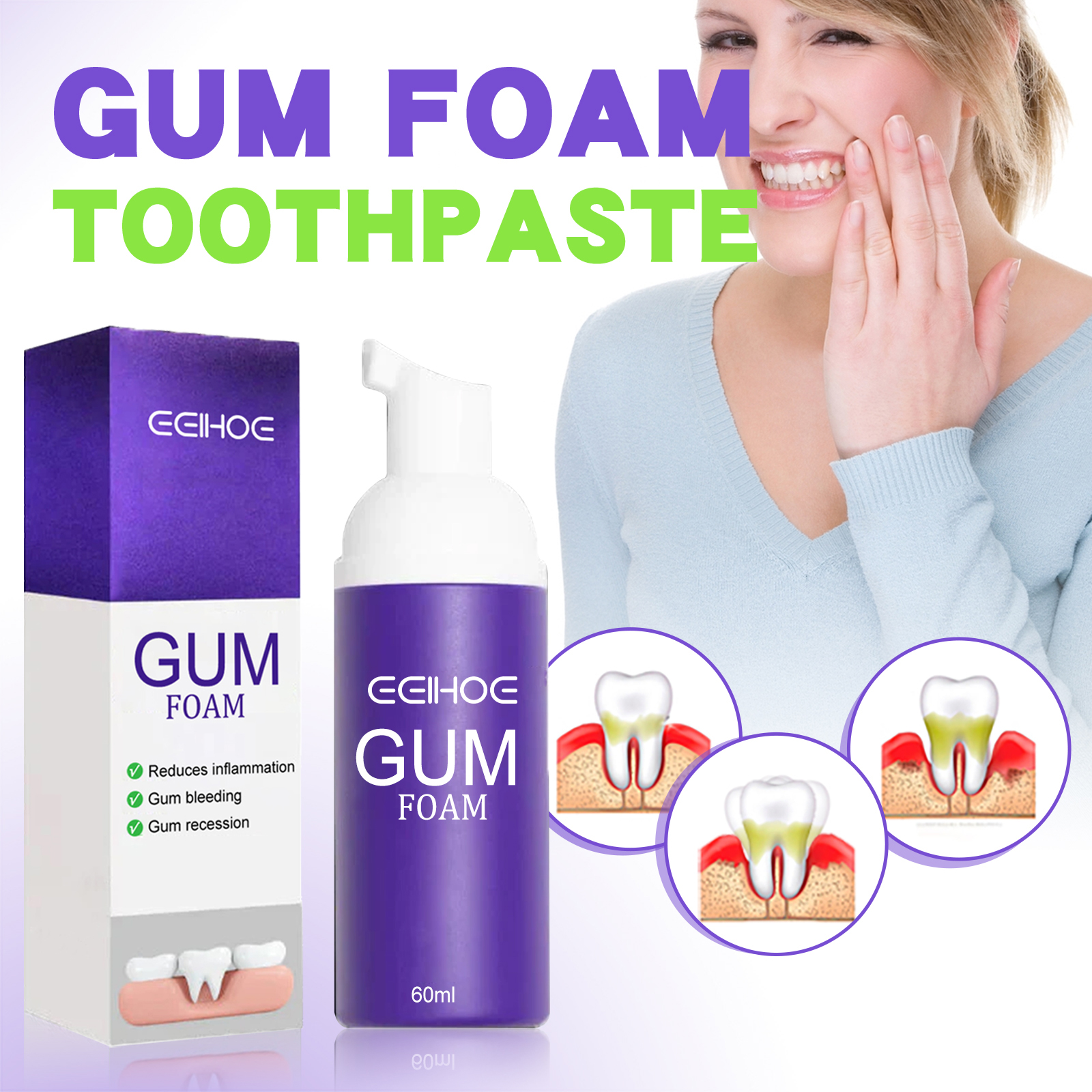 Gum care mousse promotional graphic with product bottle