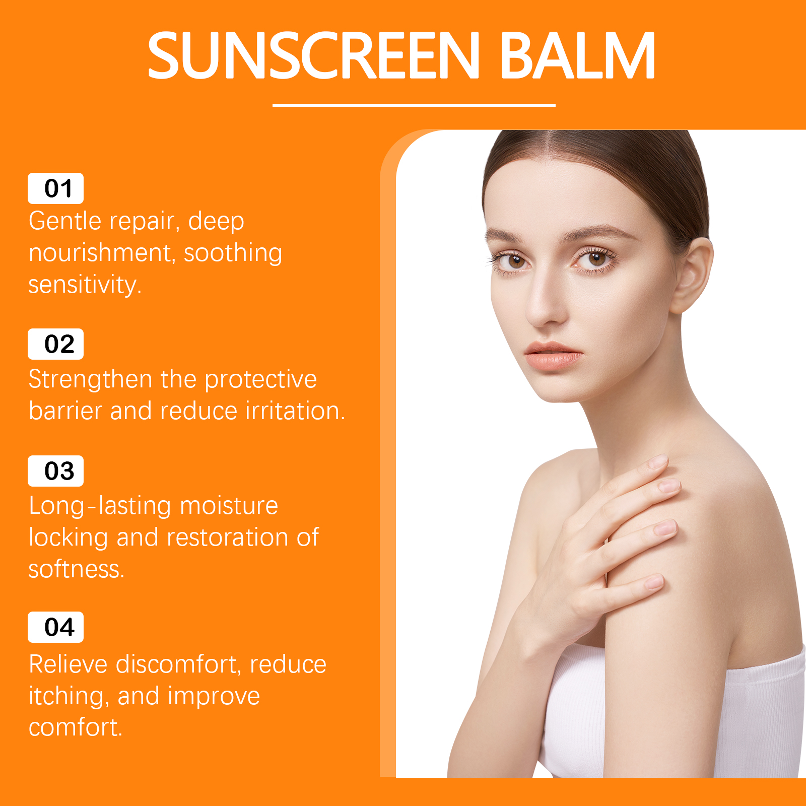 Orange balm benefits graphic with skin care claims
