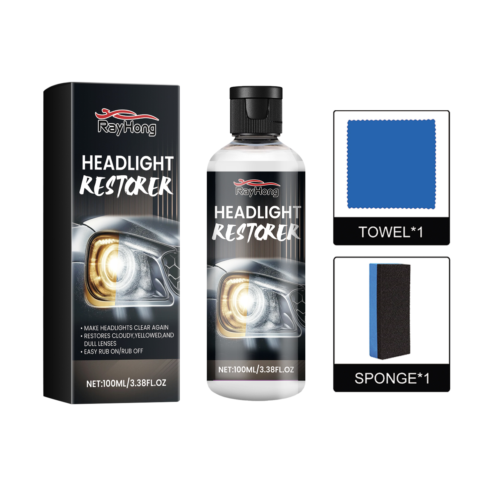 Boxed headlight restorer with sponge and towel included