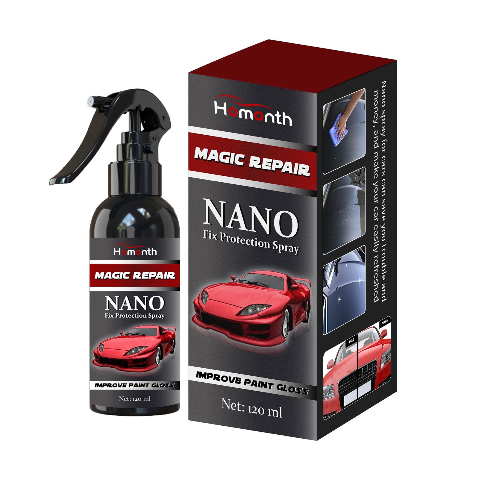 Nano Fix packaging with compact trigger spray bottle