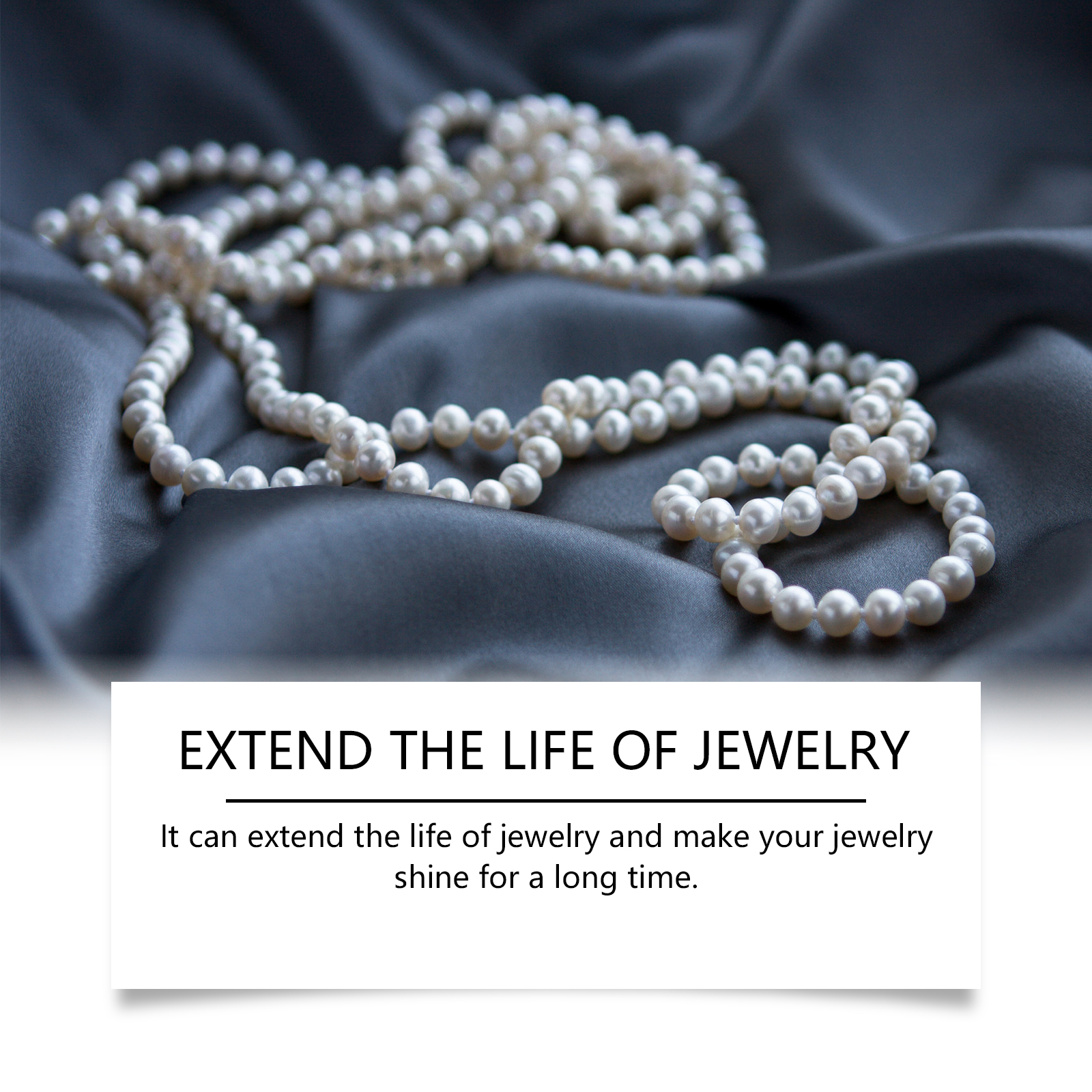 Pearls arranged beside jewelry maintenance packaging