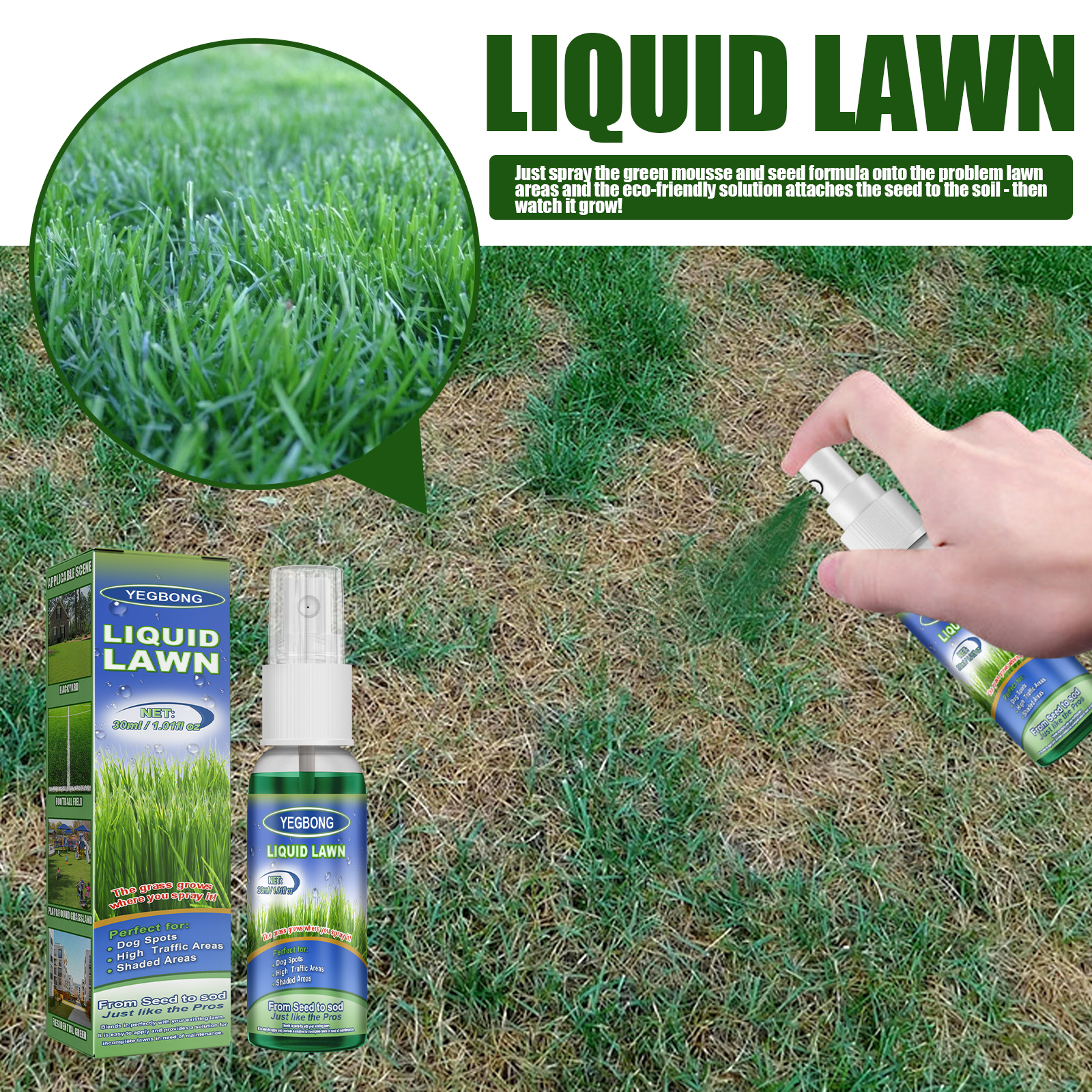 Fine mist lawn spray applied to thin brown grass