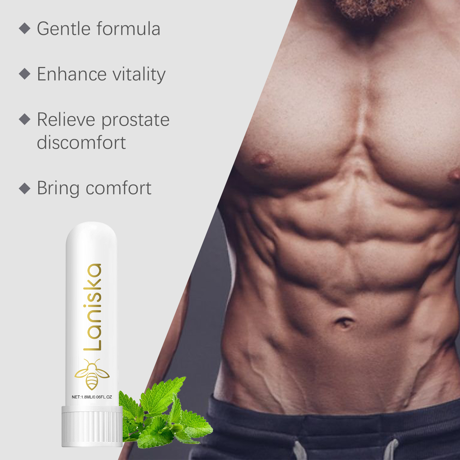 Compact inhaler beside mint leaves and male wellness imagery
