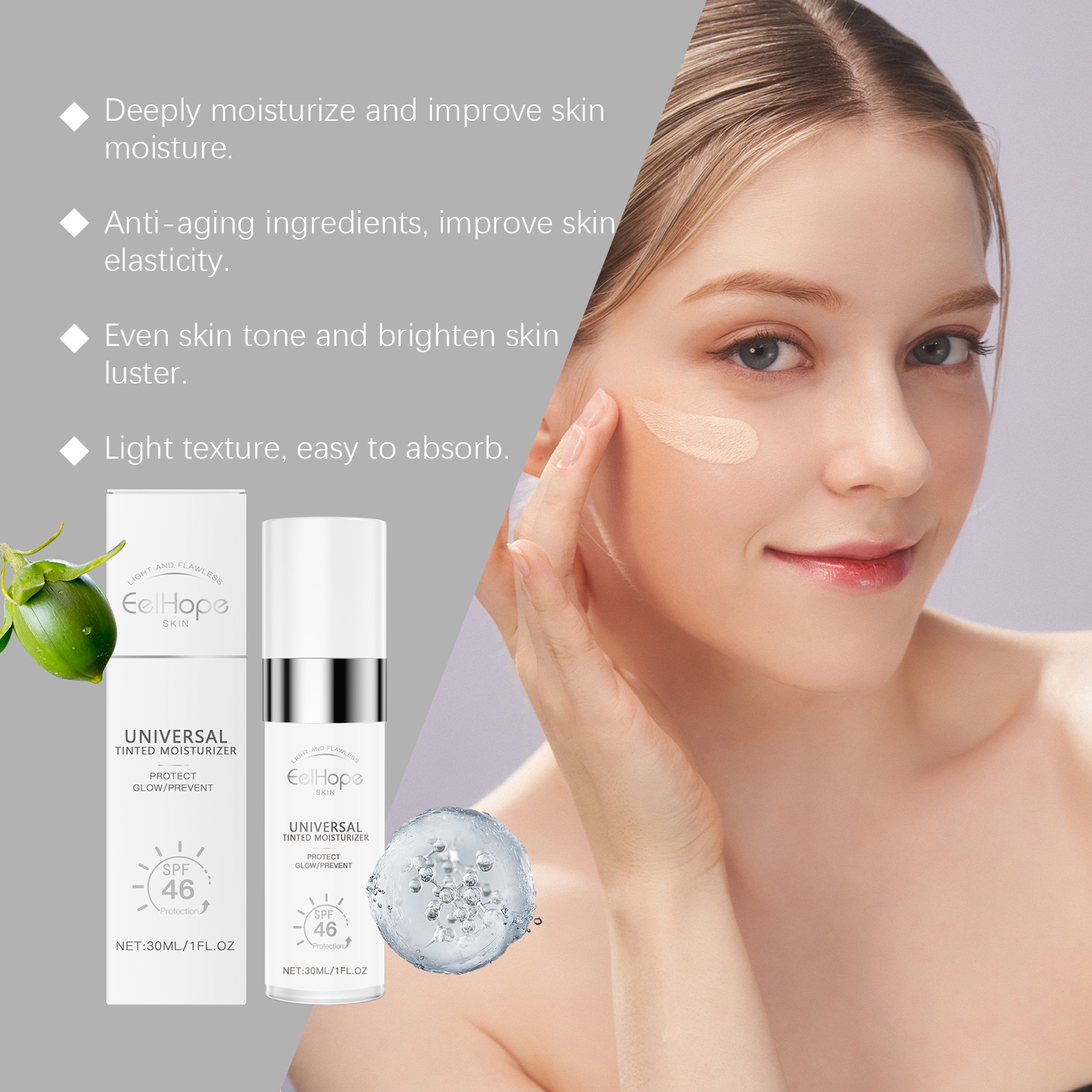 Light beige tinted cream across woman's cheek
