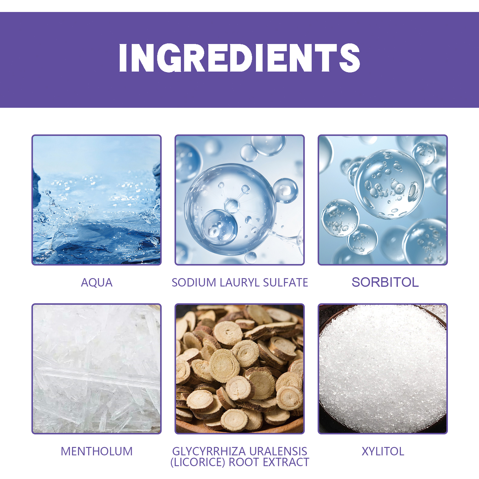Compact purple mousse bottle beside oral care essentials
