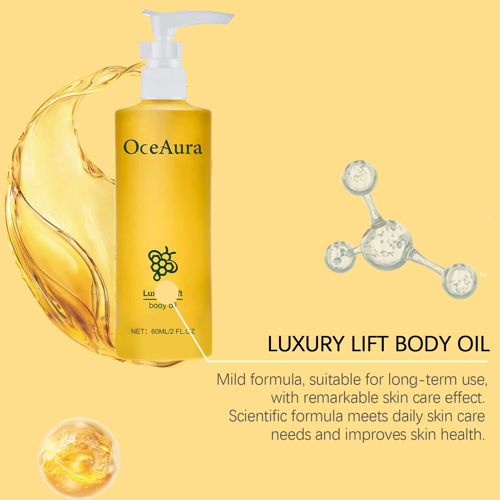 Golden pump bottle surrounded by oil droplets