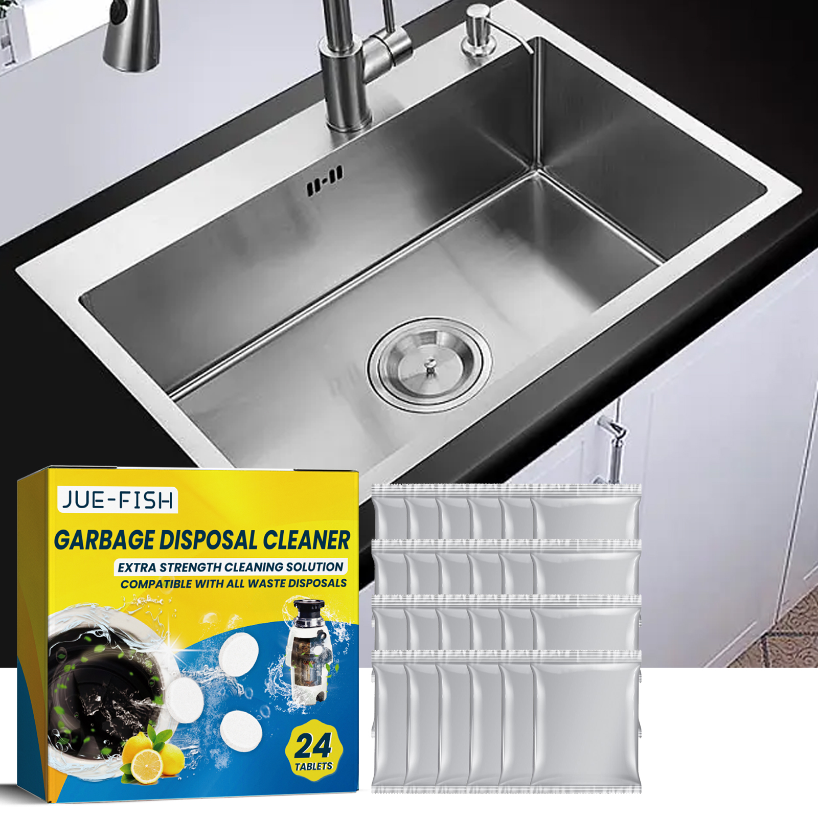 Clean stainless steel sink with running water and a tablet sachet nearby, symbolizing freshness