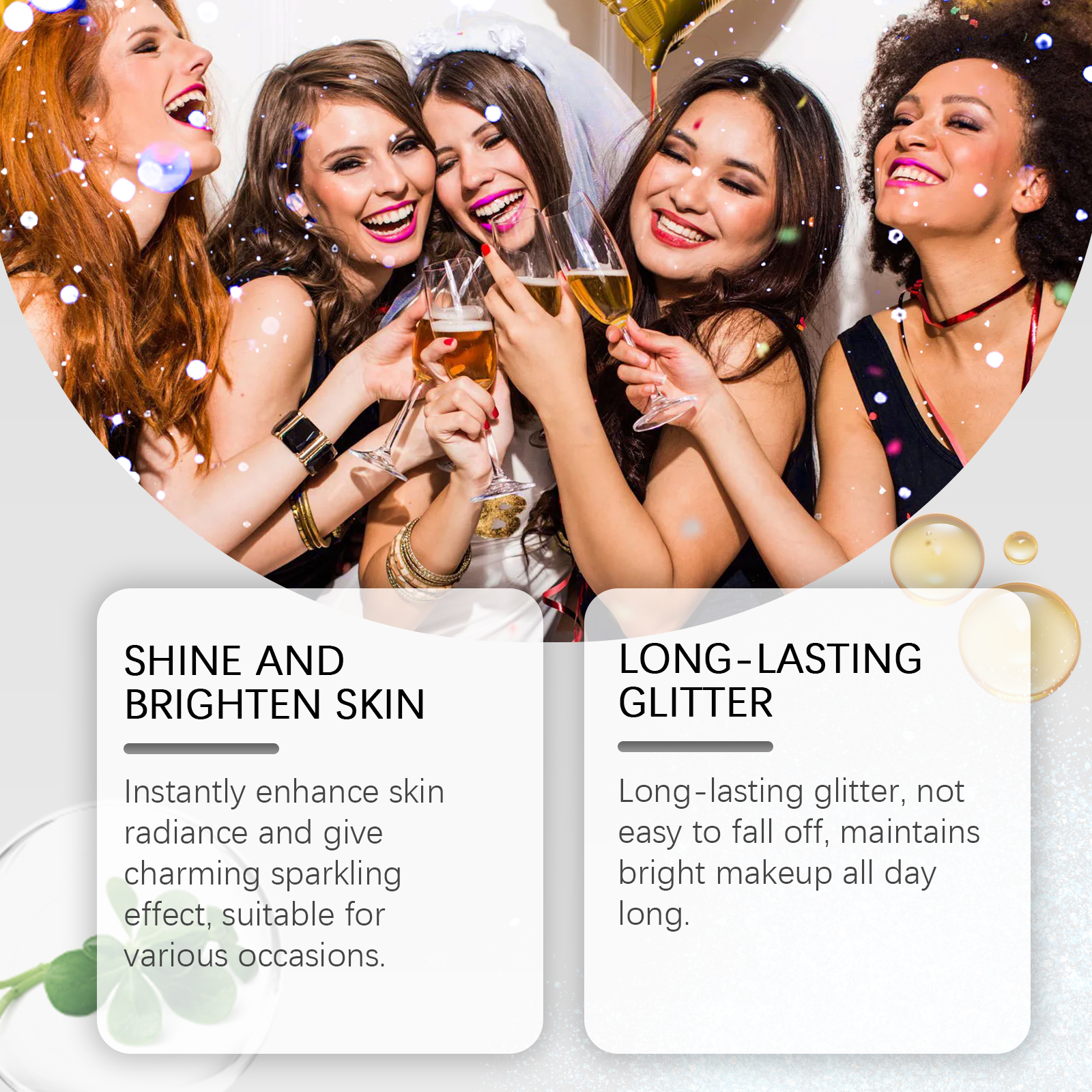 Partygoers wearing sparkling event makeup