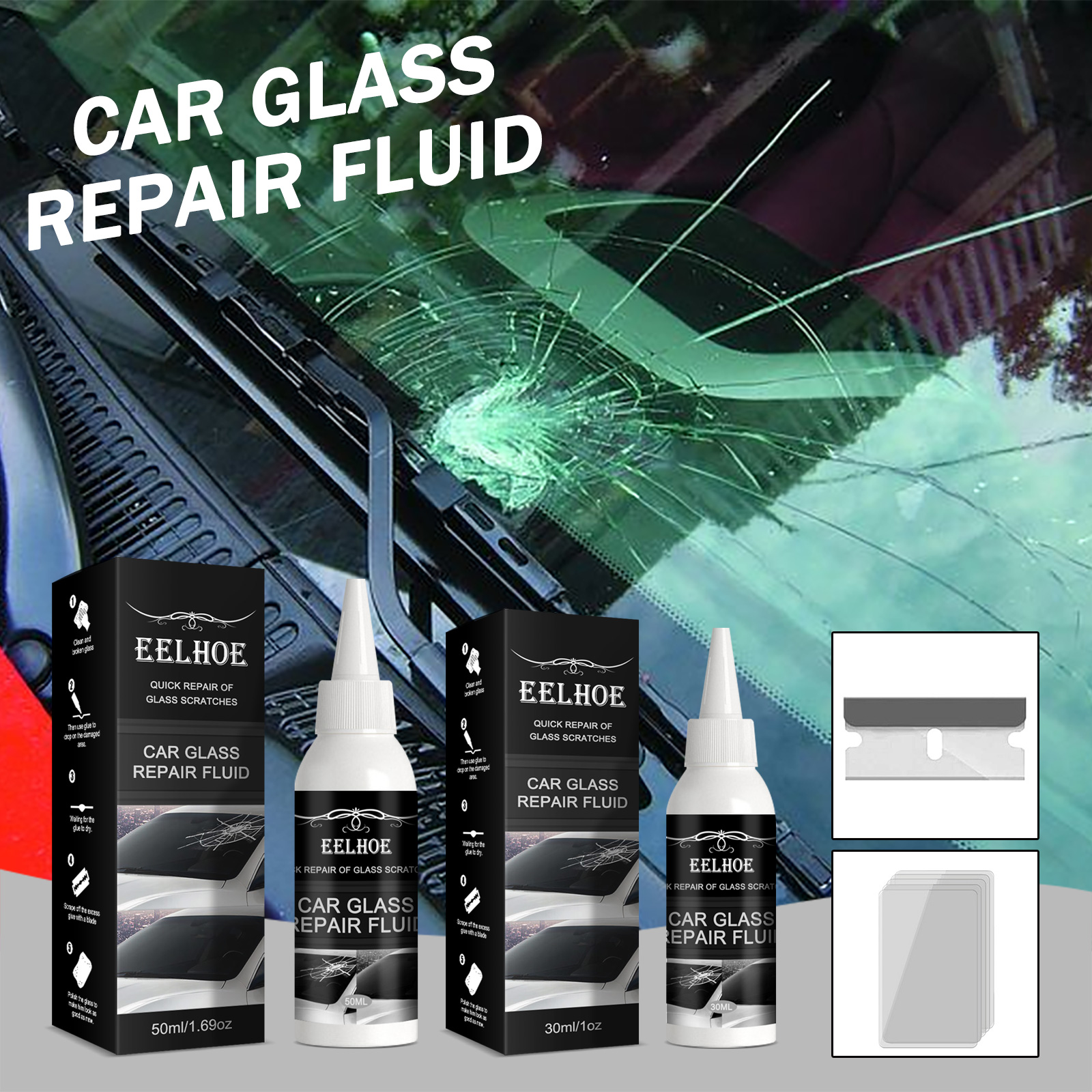 Windshield damage prepared for targeted repair fluid application
