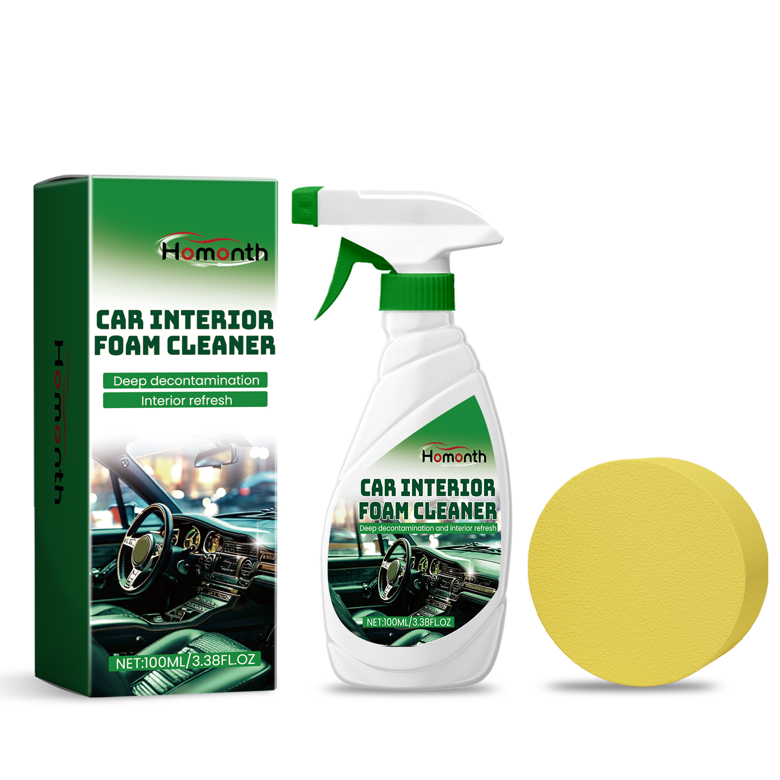 Yellow textured sponge beside boxed car cleaner
