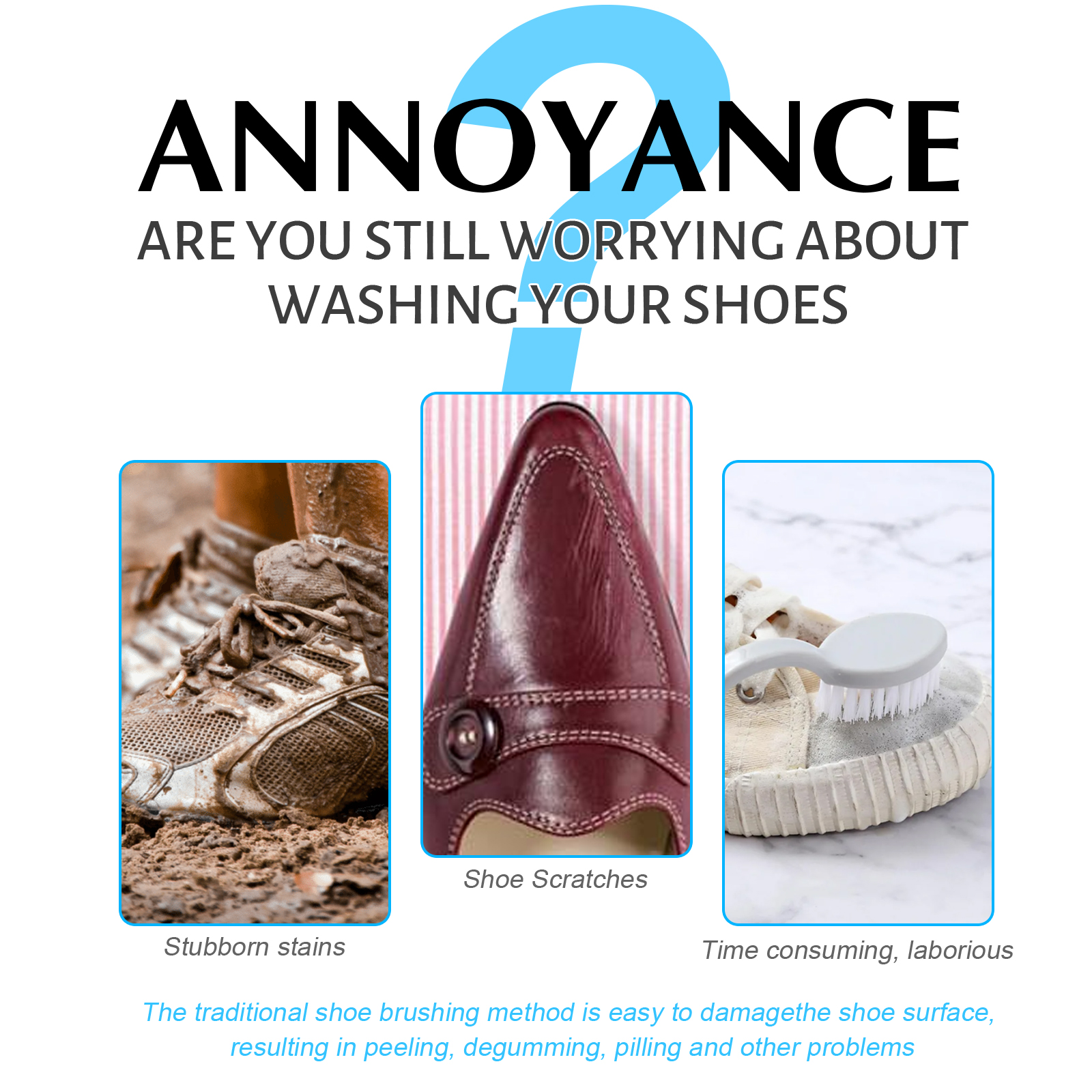 Shoe cleaner pump bottle with stain removal usage graphic