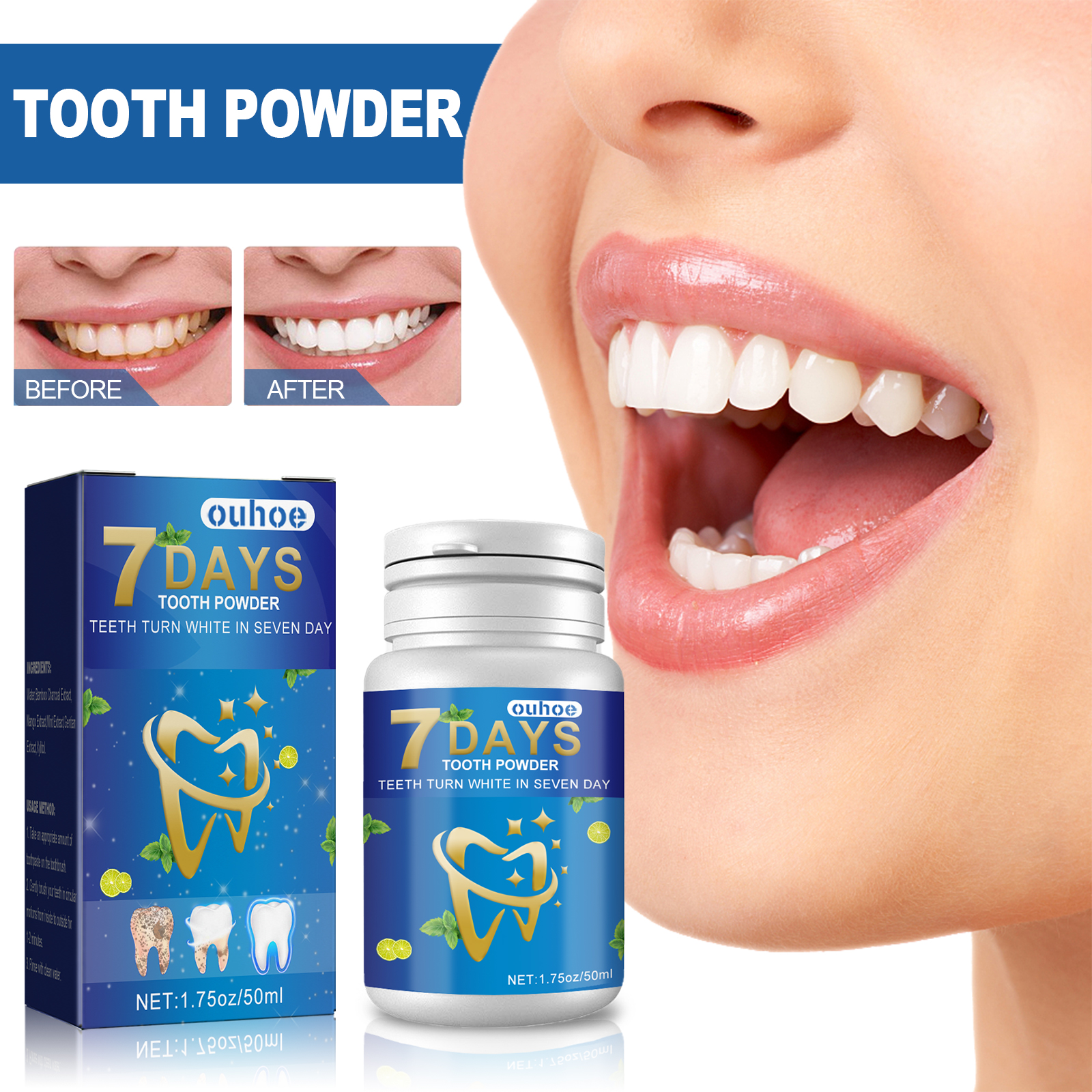 Compact OUHOE tooth powder jar with blue label and silver cap