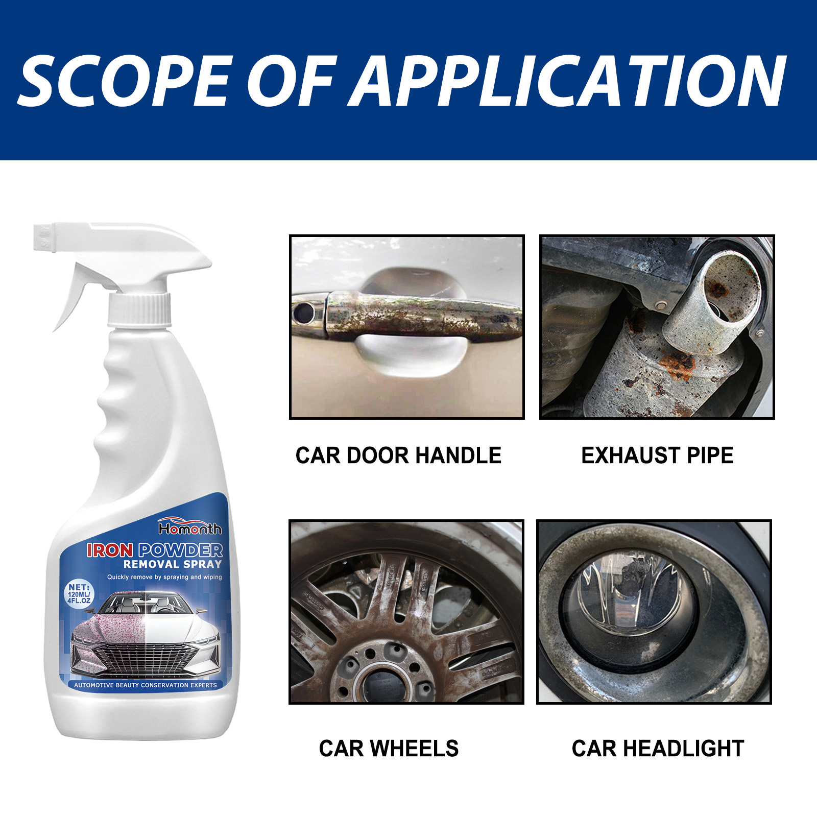 Automotive spray shown beside contaminated vehicle surfaces