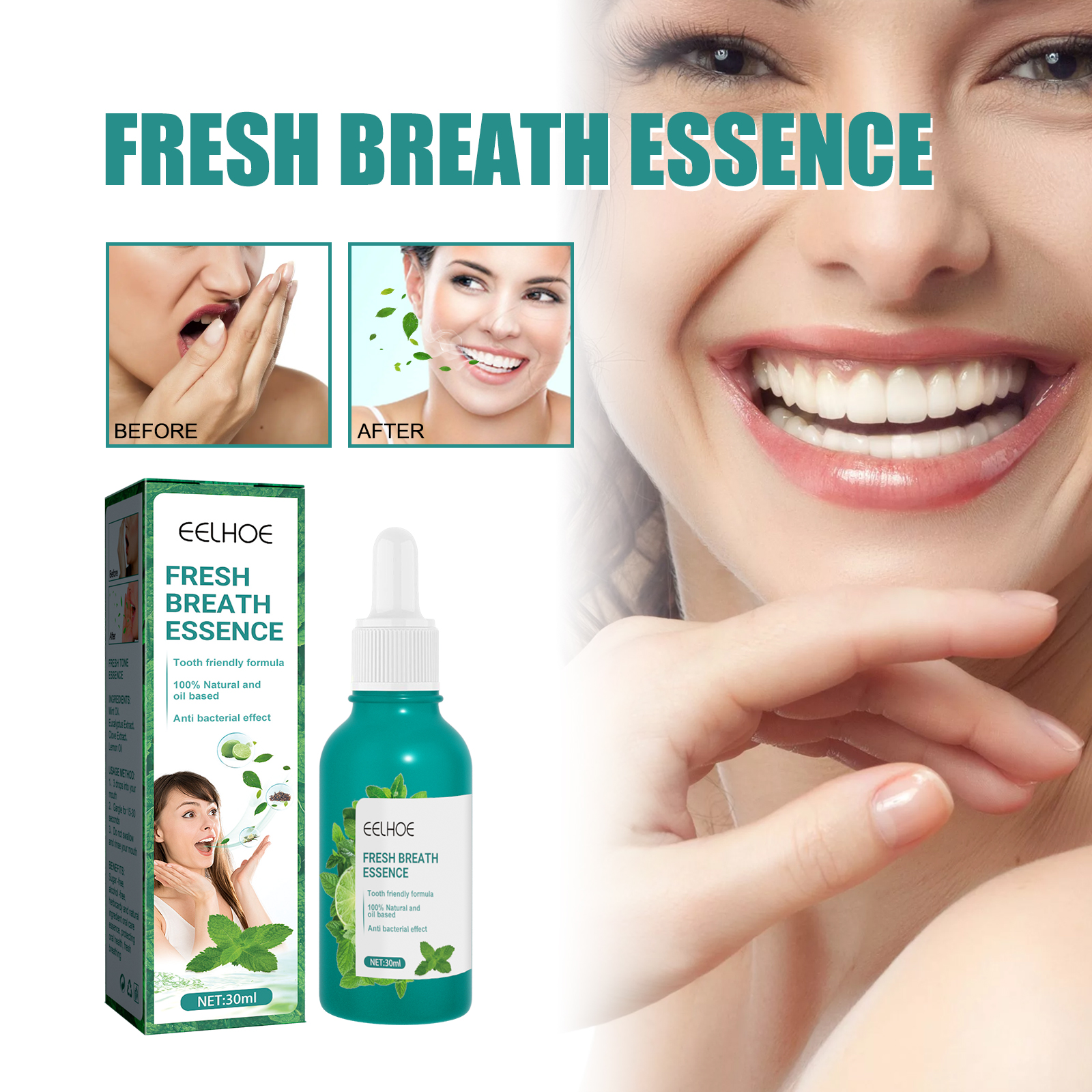 Fresh breath essence packaging with labeled formula claims