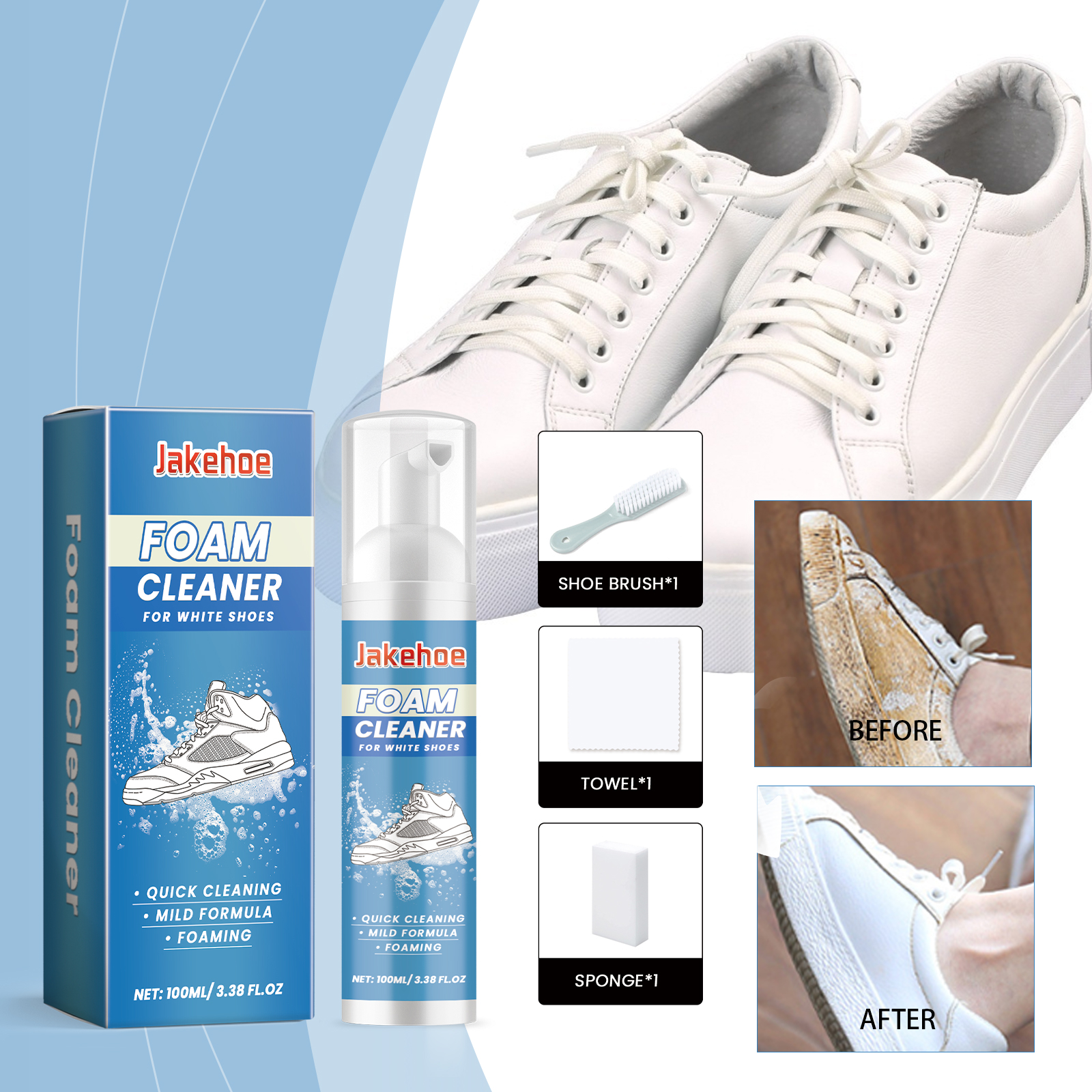 Foam cleaner kit beside refreshed white sneakers