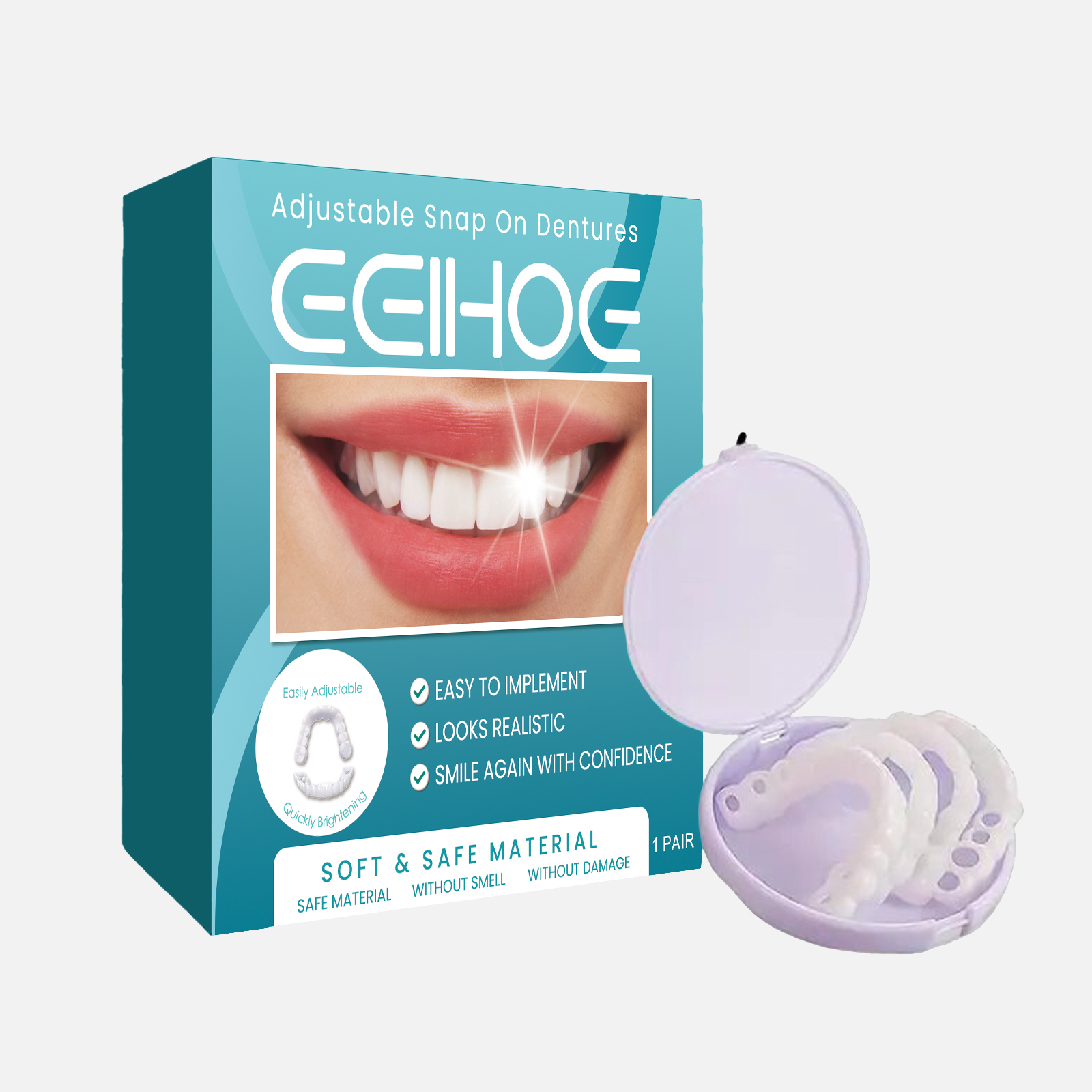 Denture pair arranged beside lavender hinged storage case