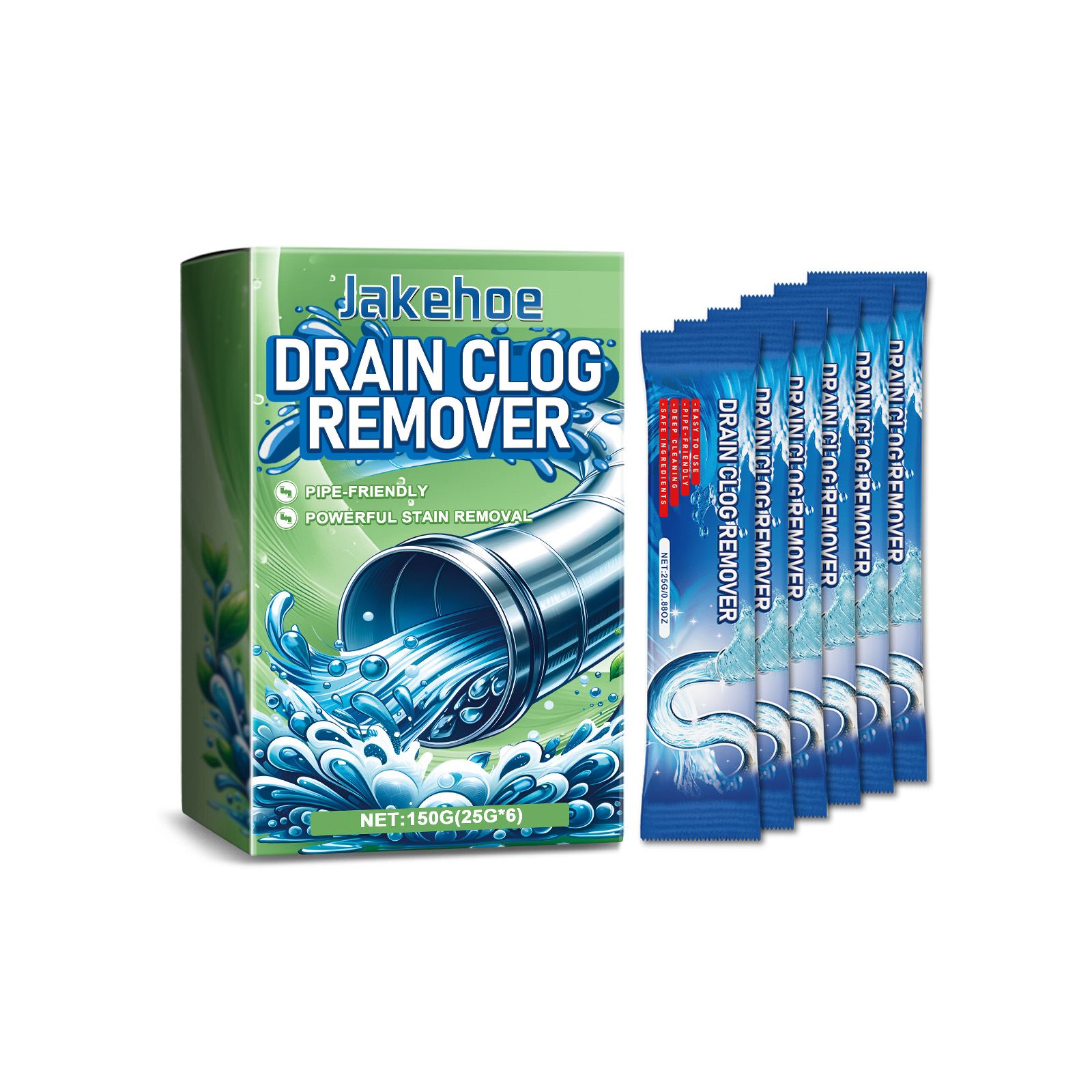 Sealed blue drain powder sachets beside product box
