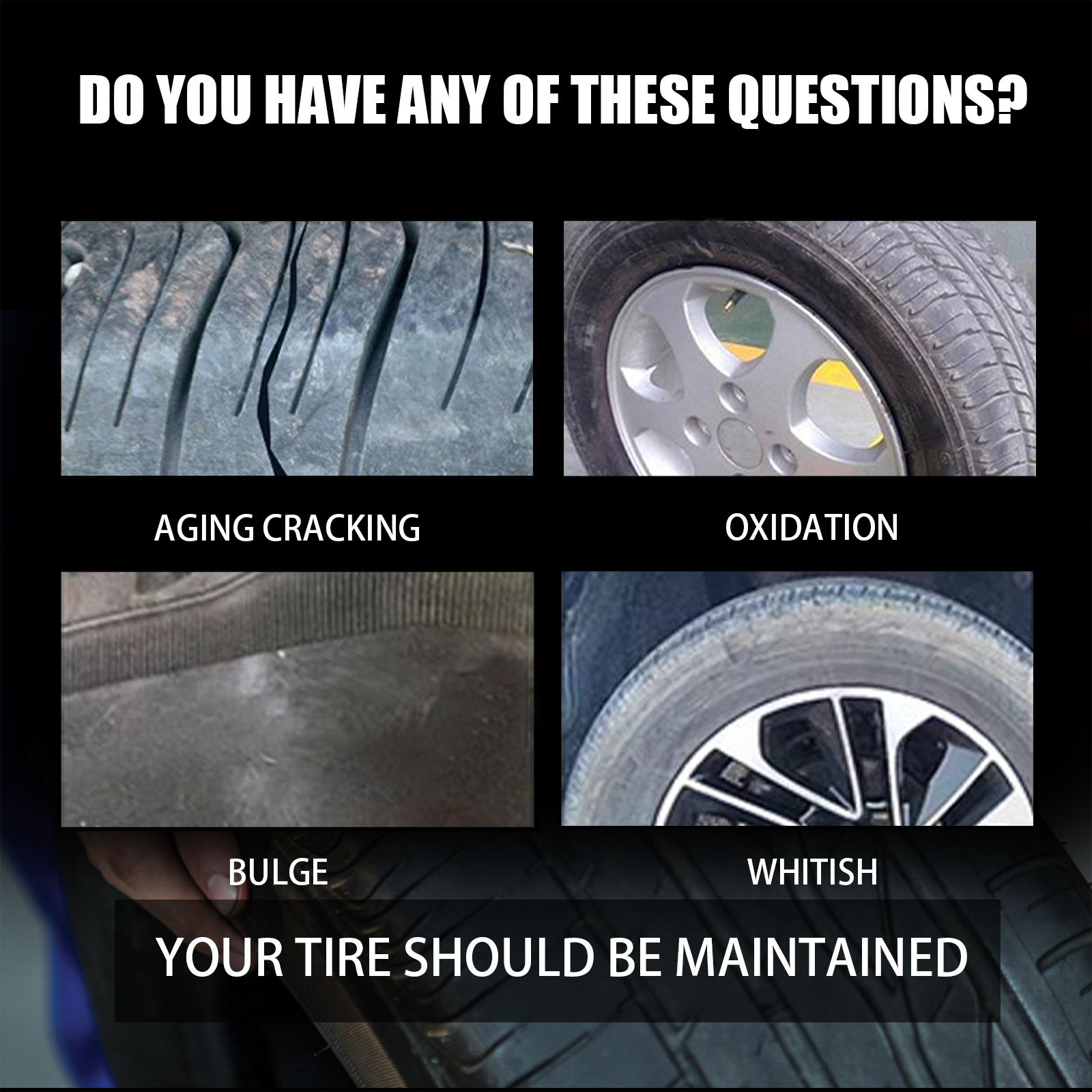 Automotive tire care kit in illustrated retail packaging