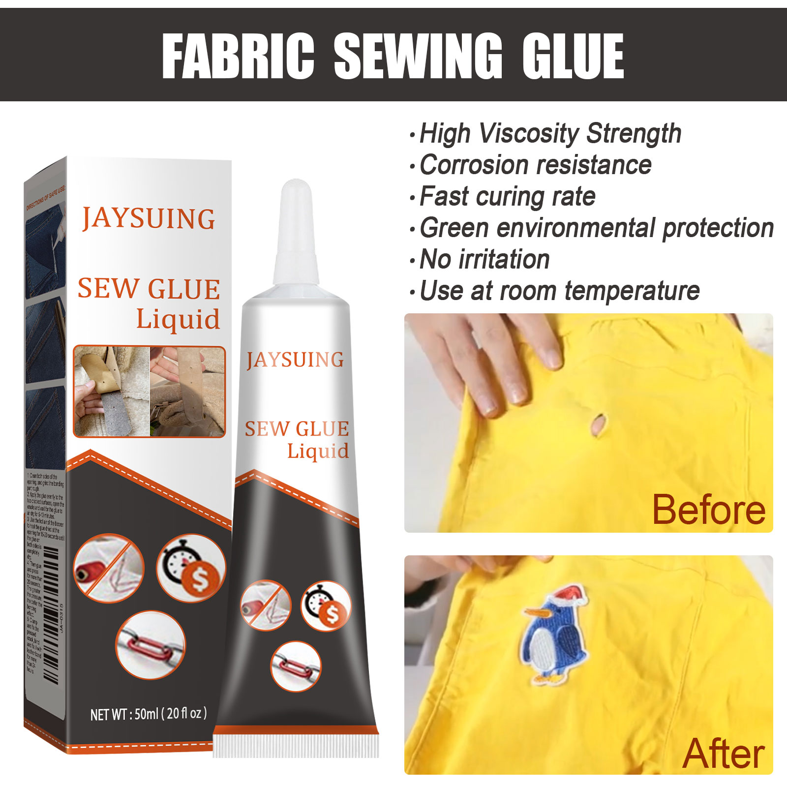 Fabric glue packaging with room-temperature repair claims
