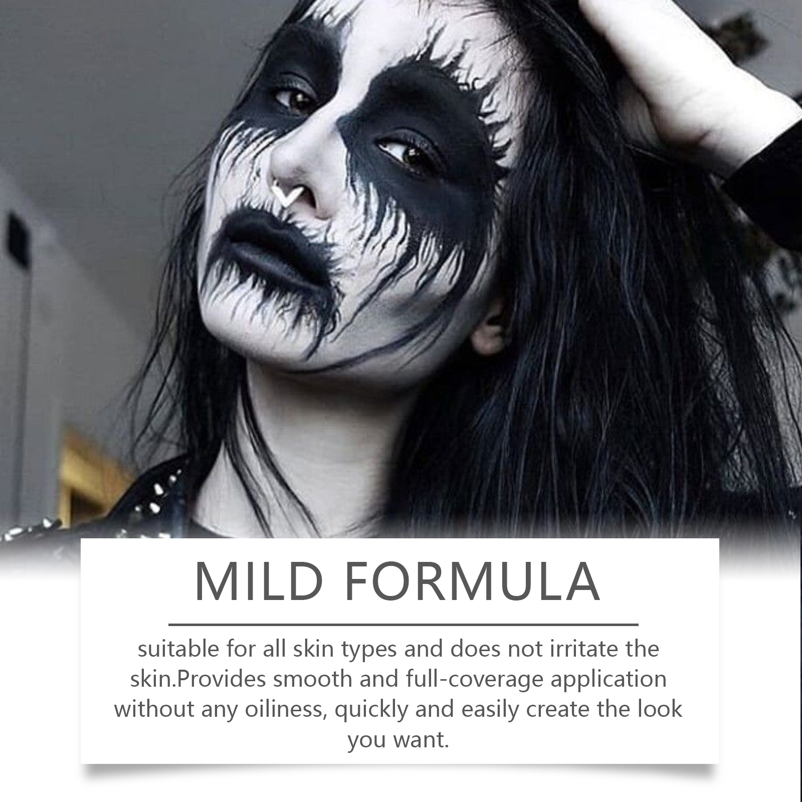 Finished theatrical face paint with crisp black details