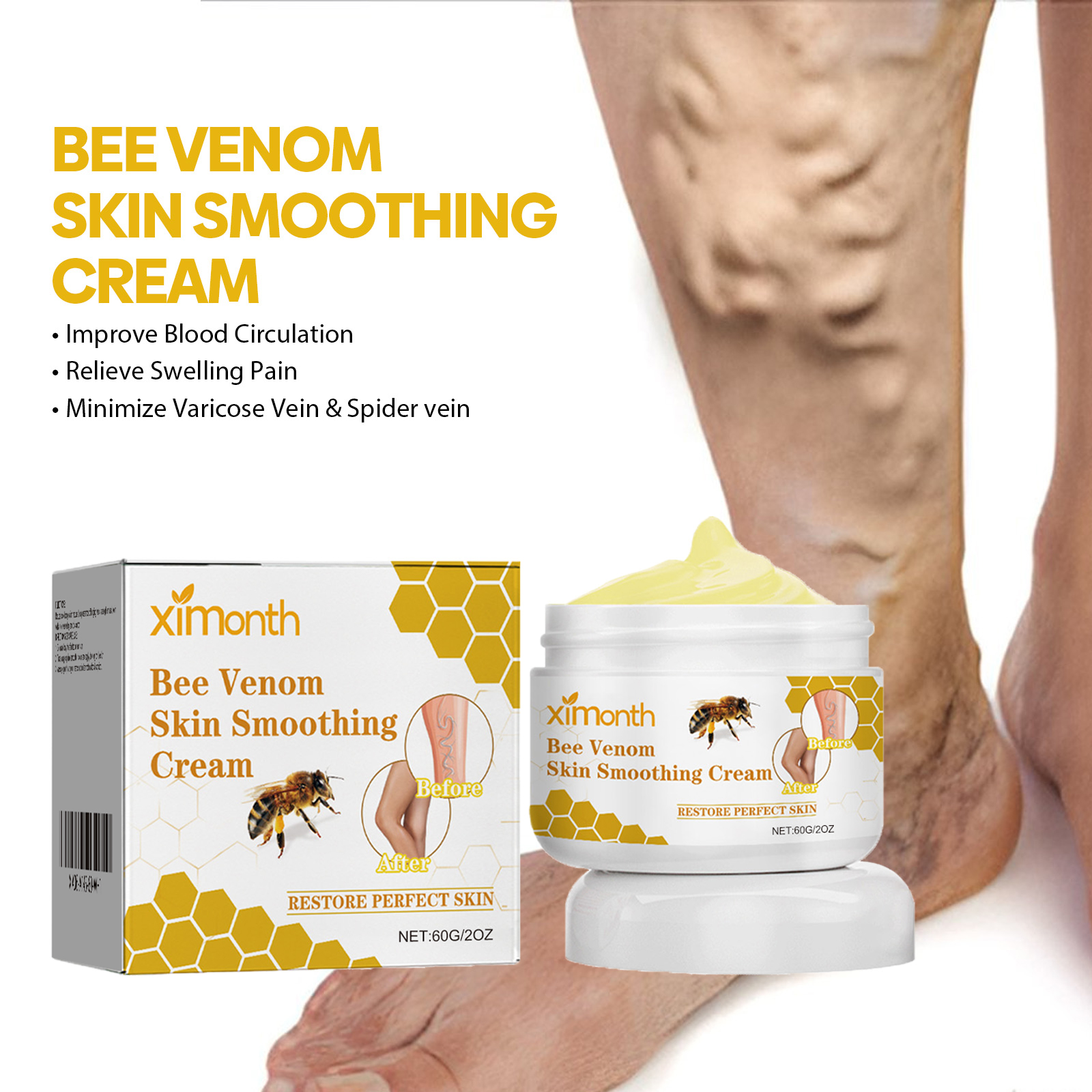 Leg care cream shown with smoother-looking leg imagery