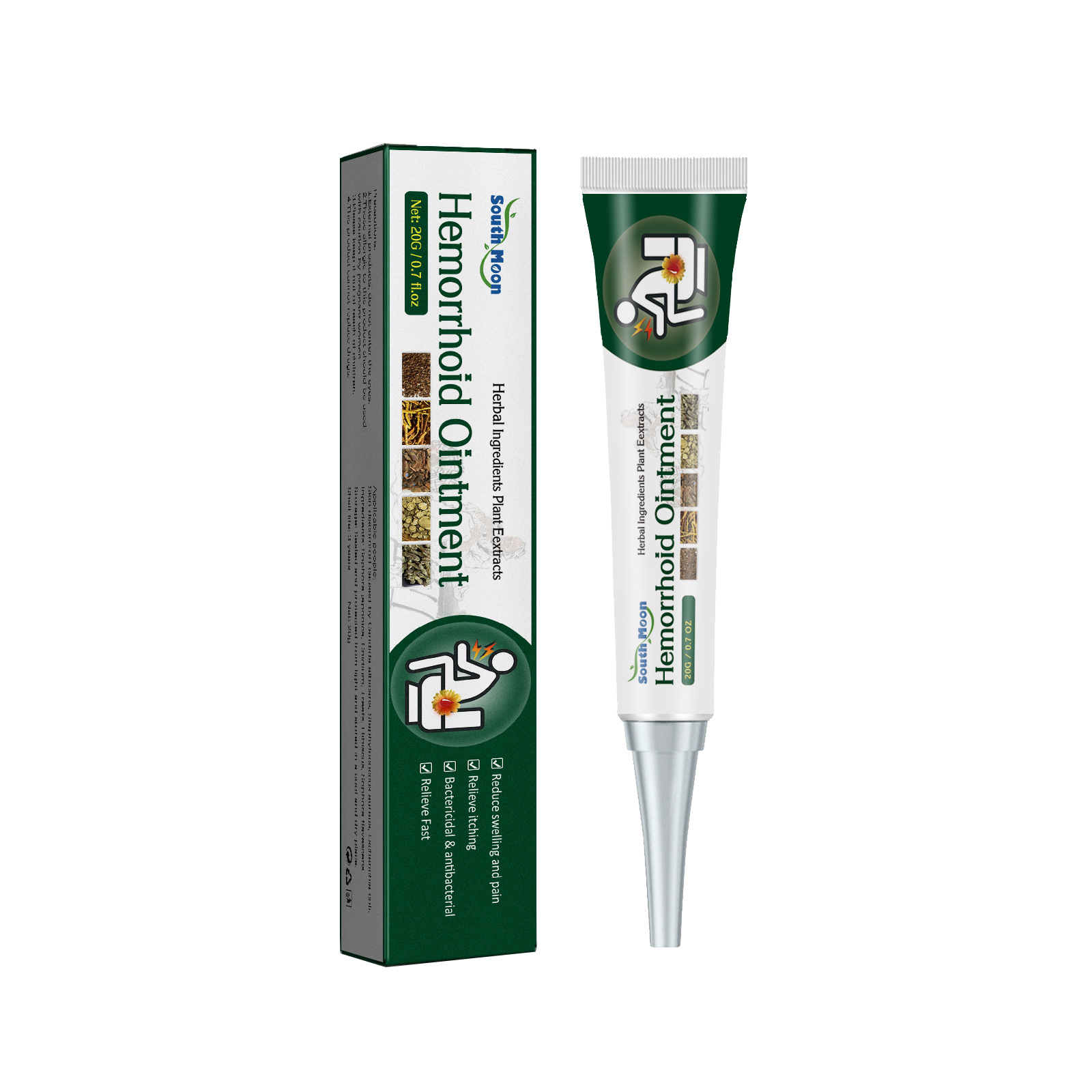 Green and white hemorrhoid ointment retail packaging