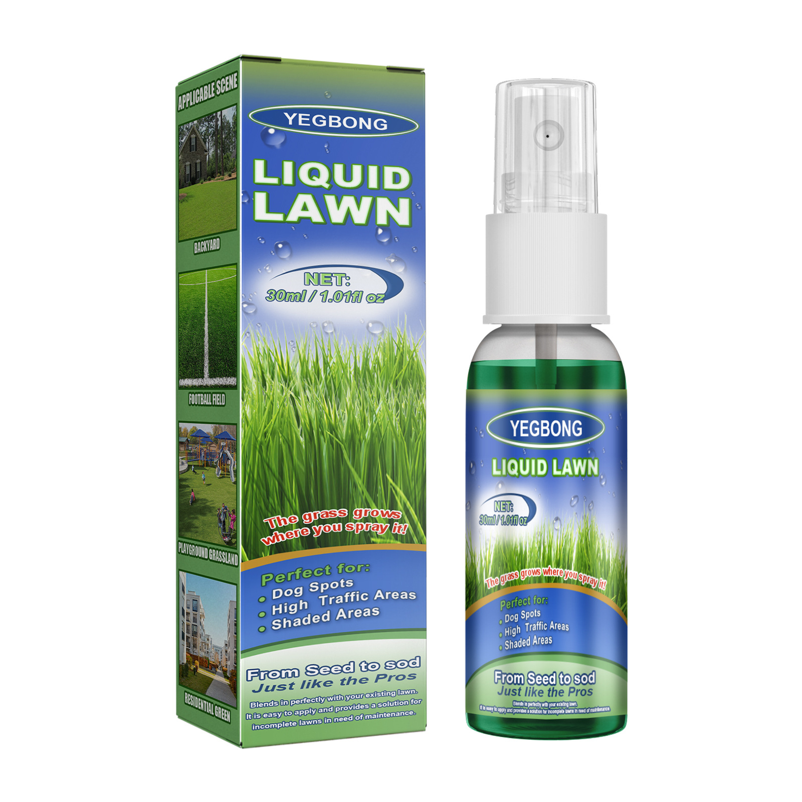 Green lawn spray bottle with labeled protective carton