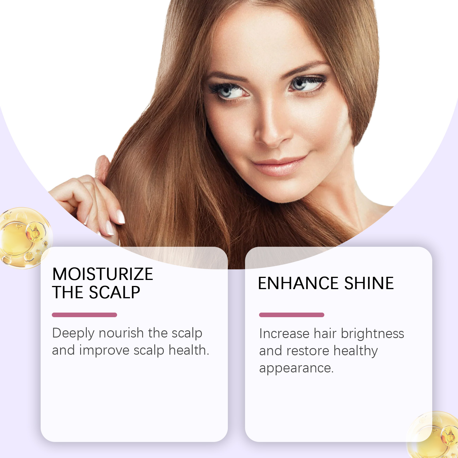 Hair care model beside shine benefit panels
