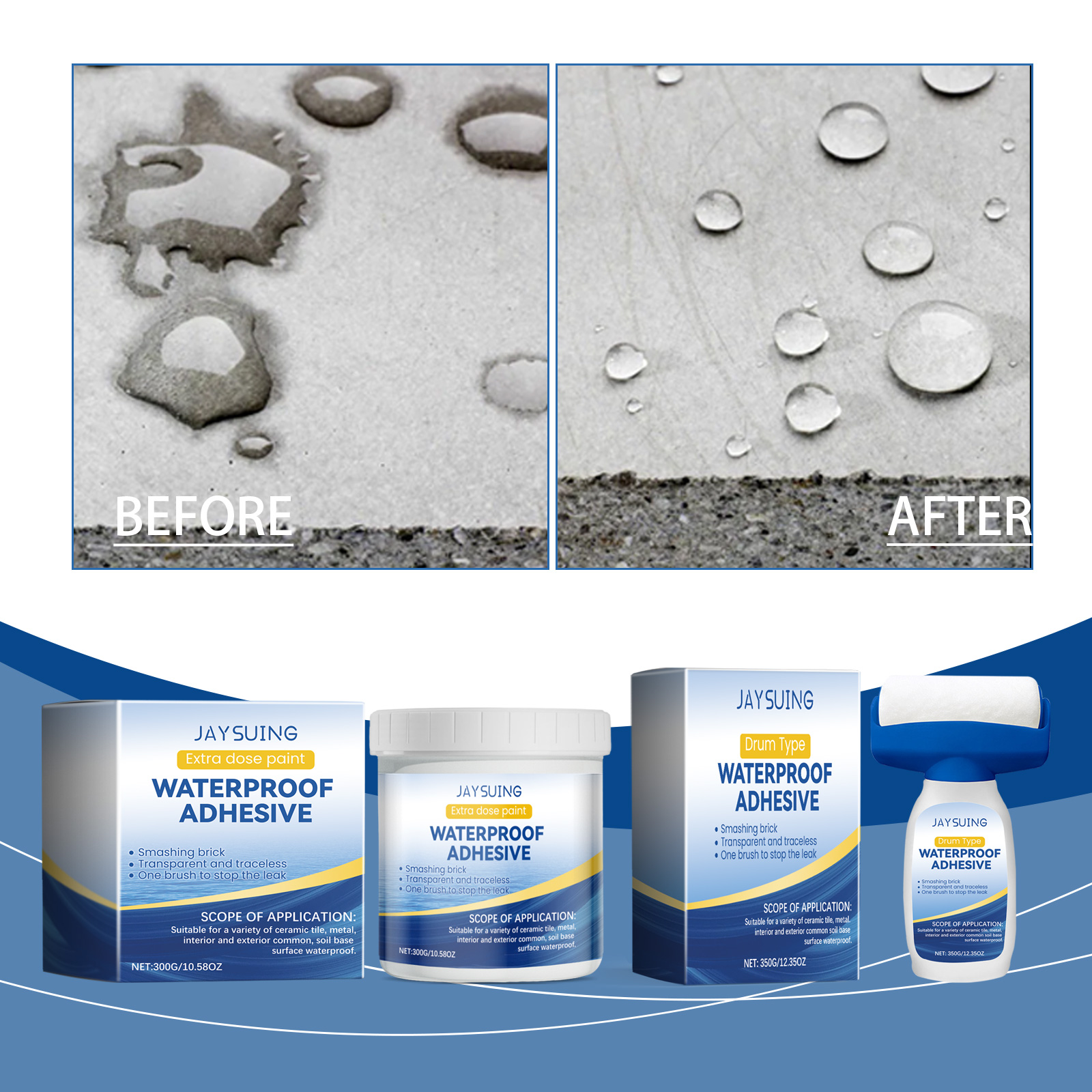 Before and after surface showing water droplets