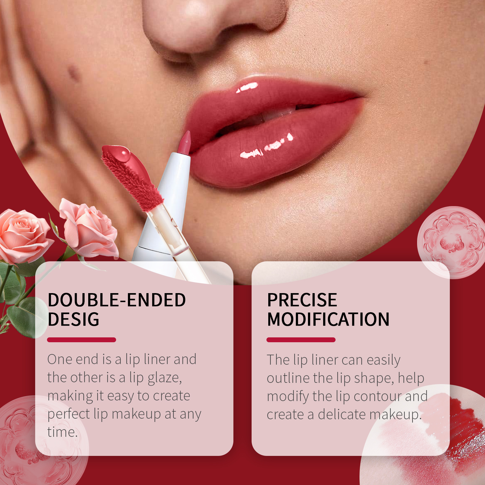 Defined rosy lips with dual-ended liner and glaze