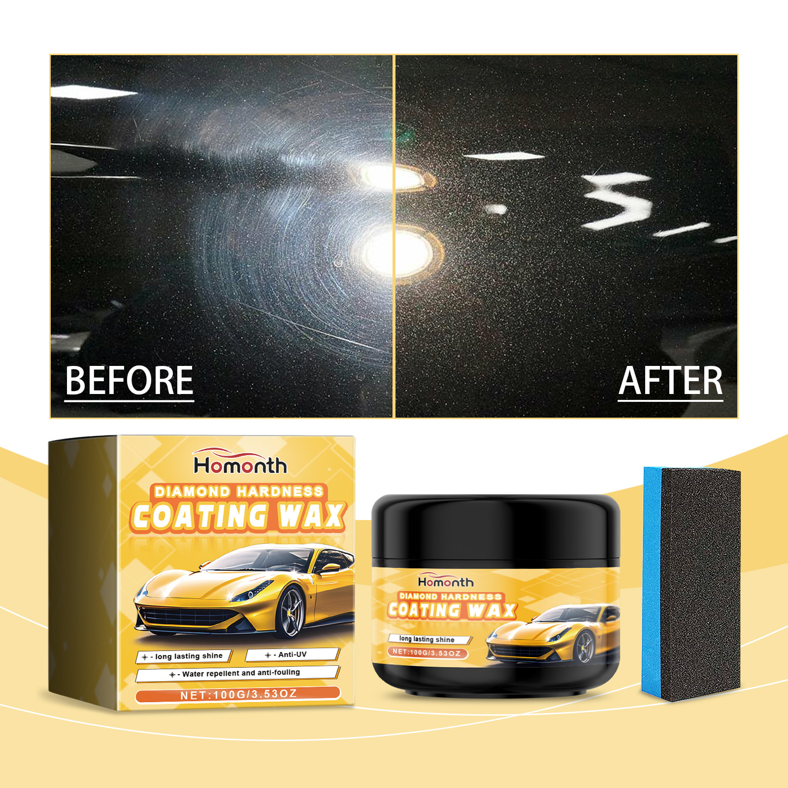 Before and after glossy black automotive paint