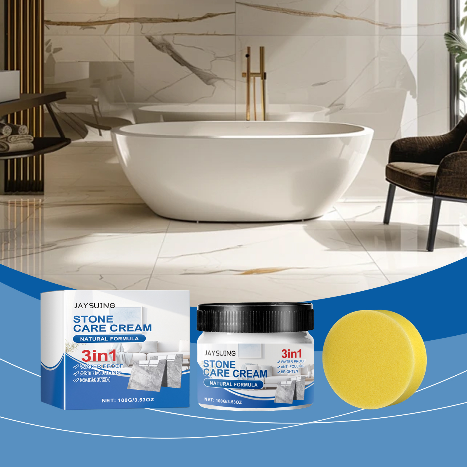 Stone care set displayed beside polished bathroom tile