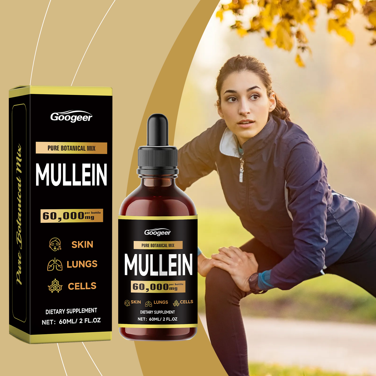 Mullein bottle beside active outdoor wellness routine