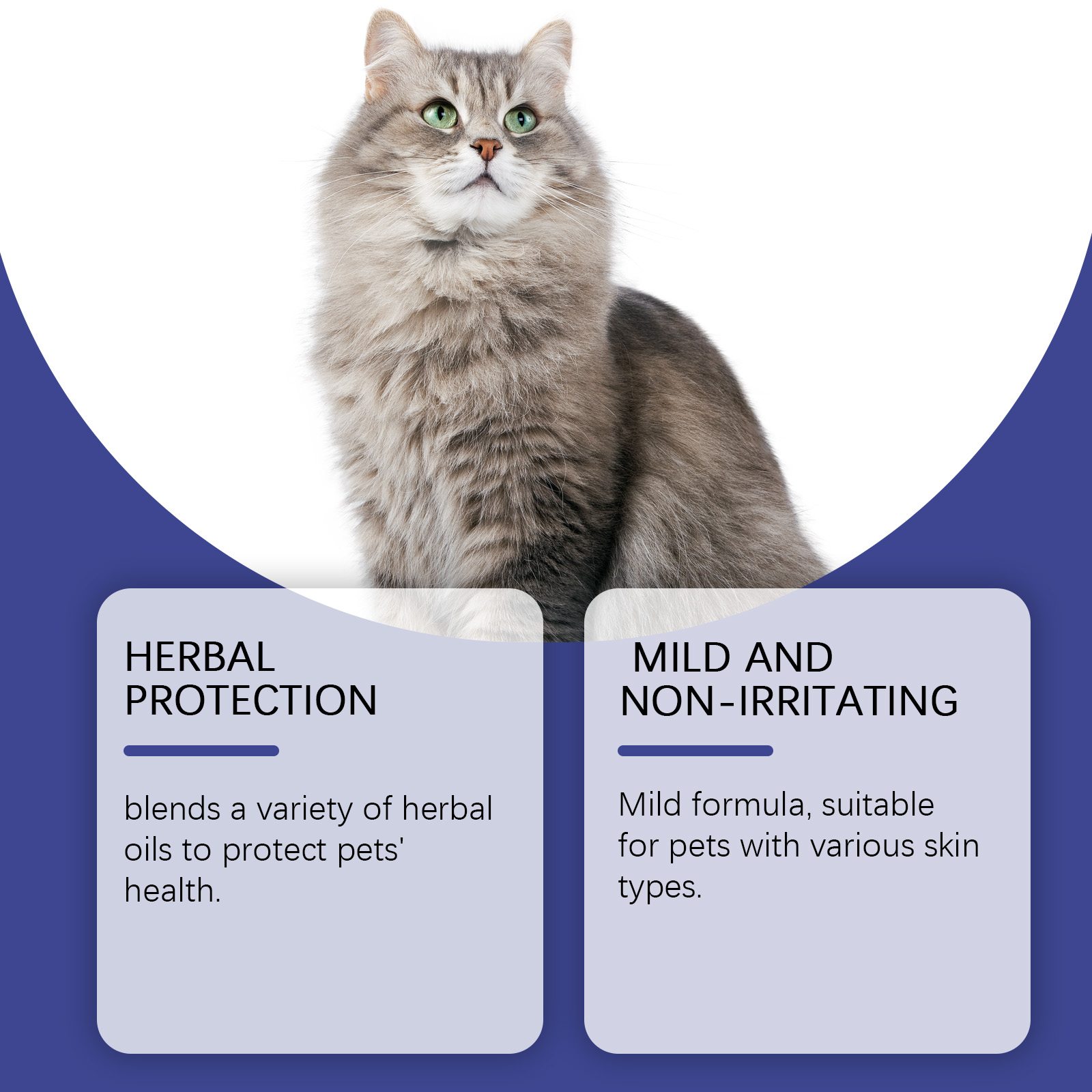 Cat portrait showing herbal protection product claims