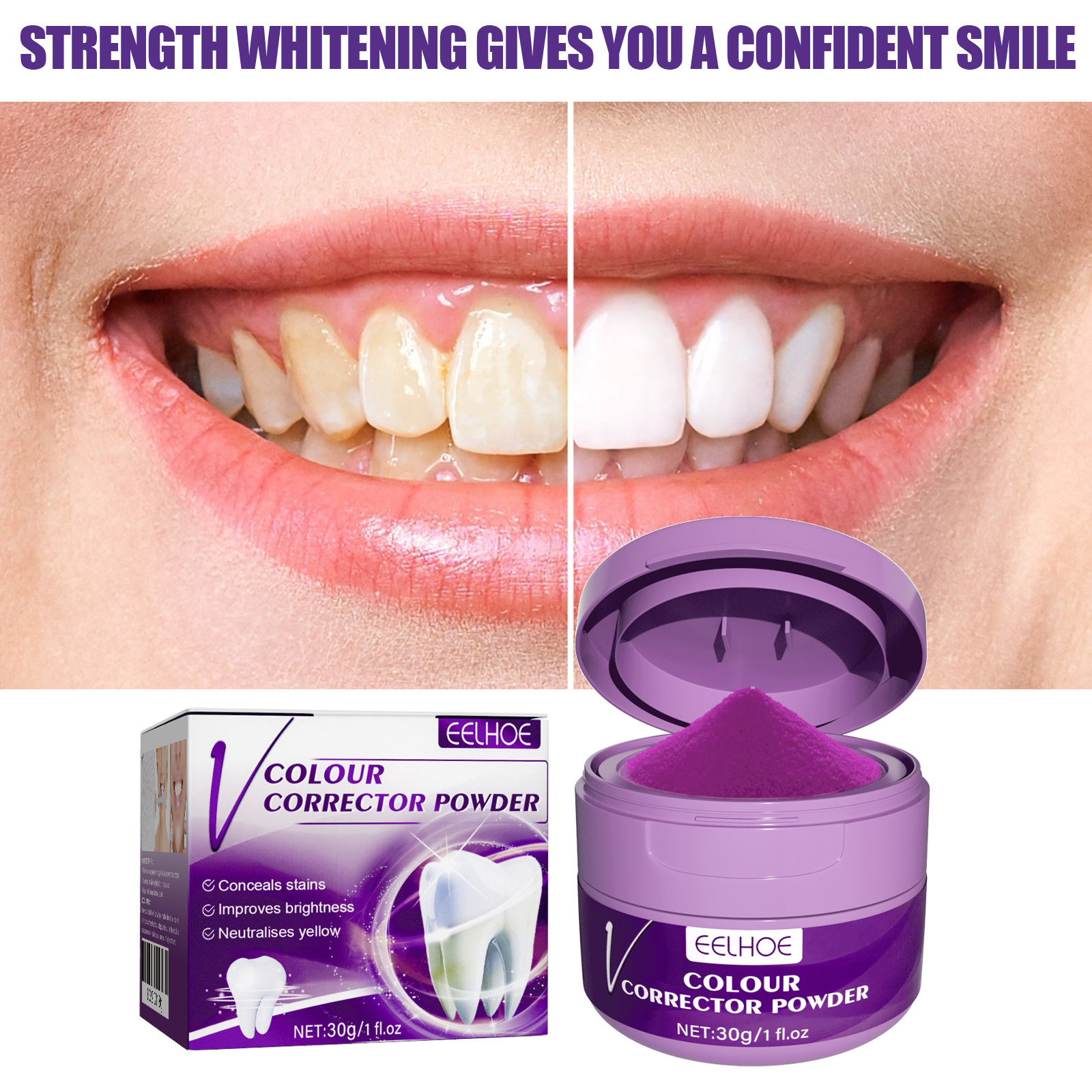 Before and after teeth with purple whitening powder