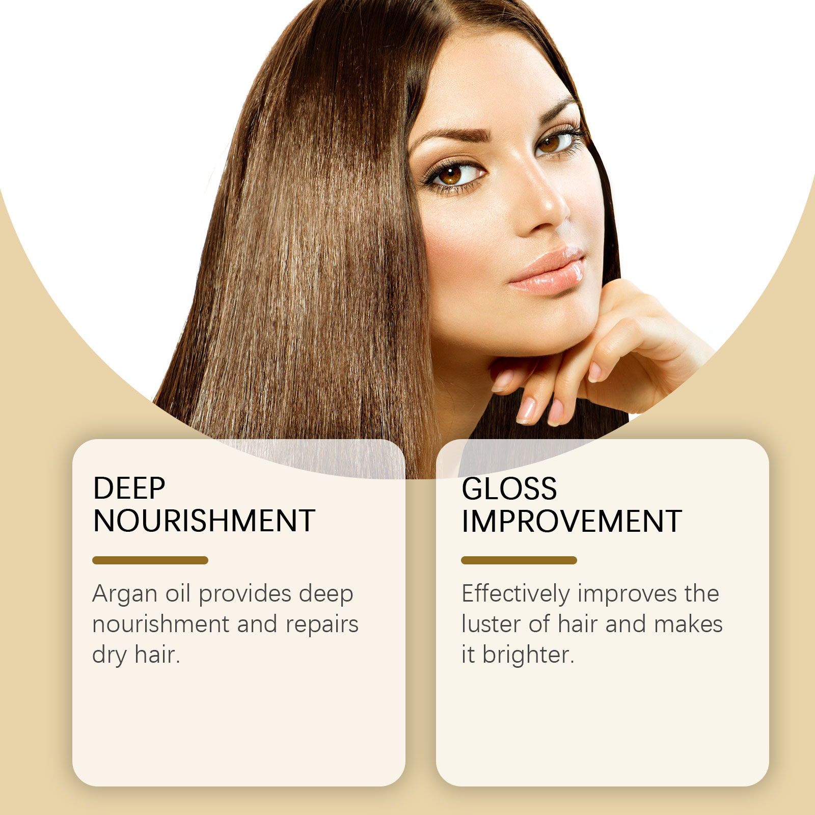 Woman with sleek hair beside argan oil nourishment panel