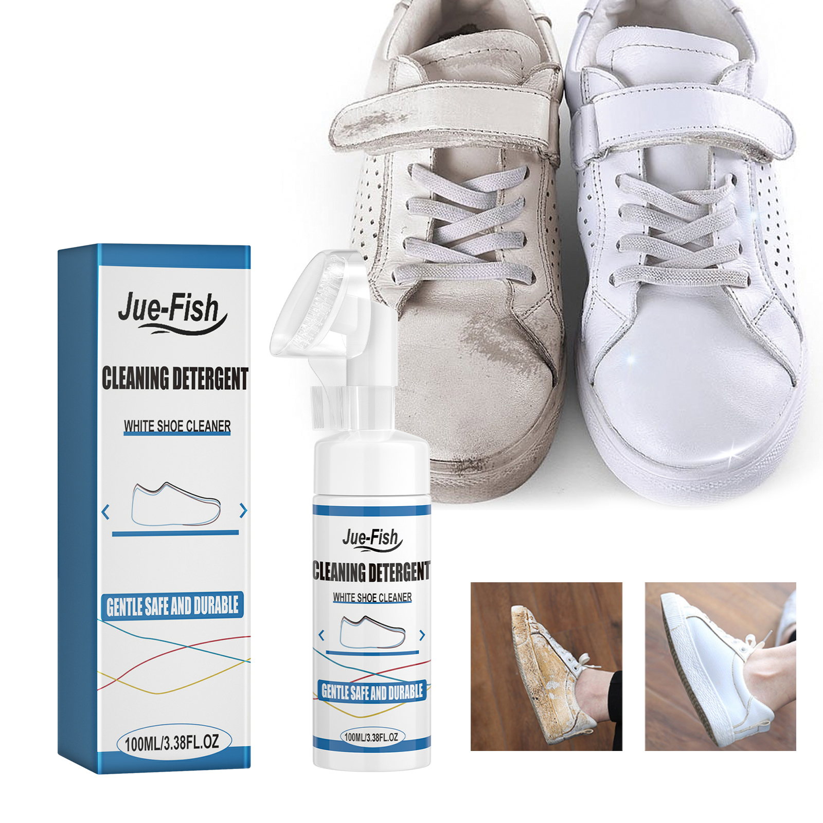 White sneakers refreshed with compact foam cleaner
