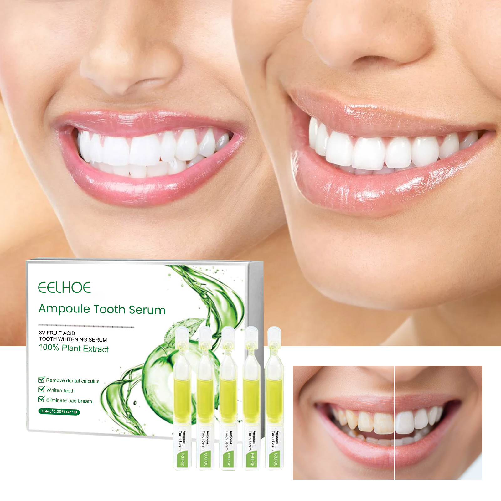 Bright smile comparison with tooth whitening serum