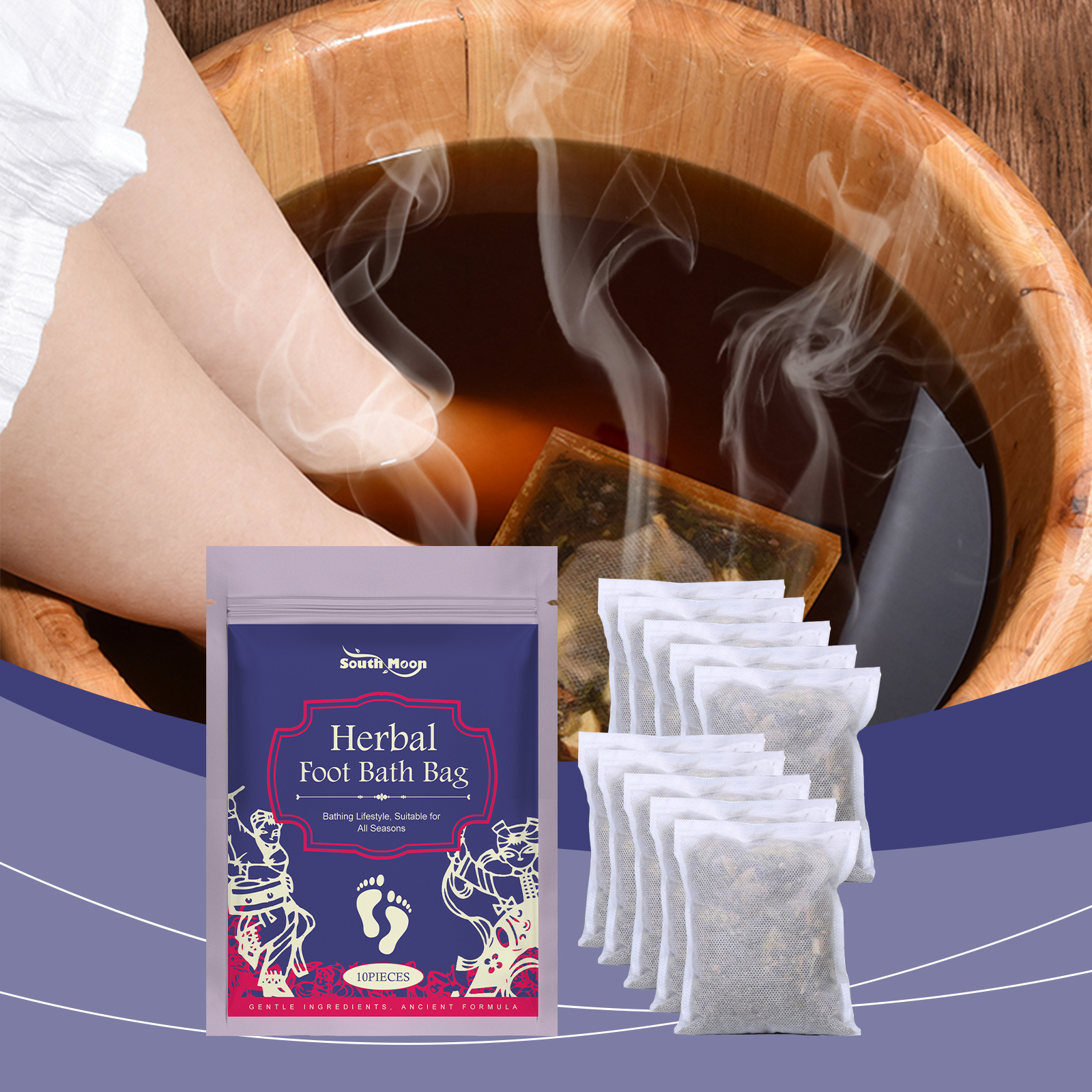 Warm herbal foot soak prepared for tired feet