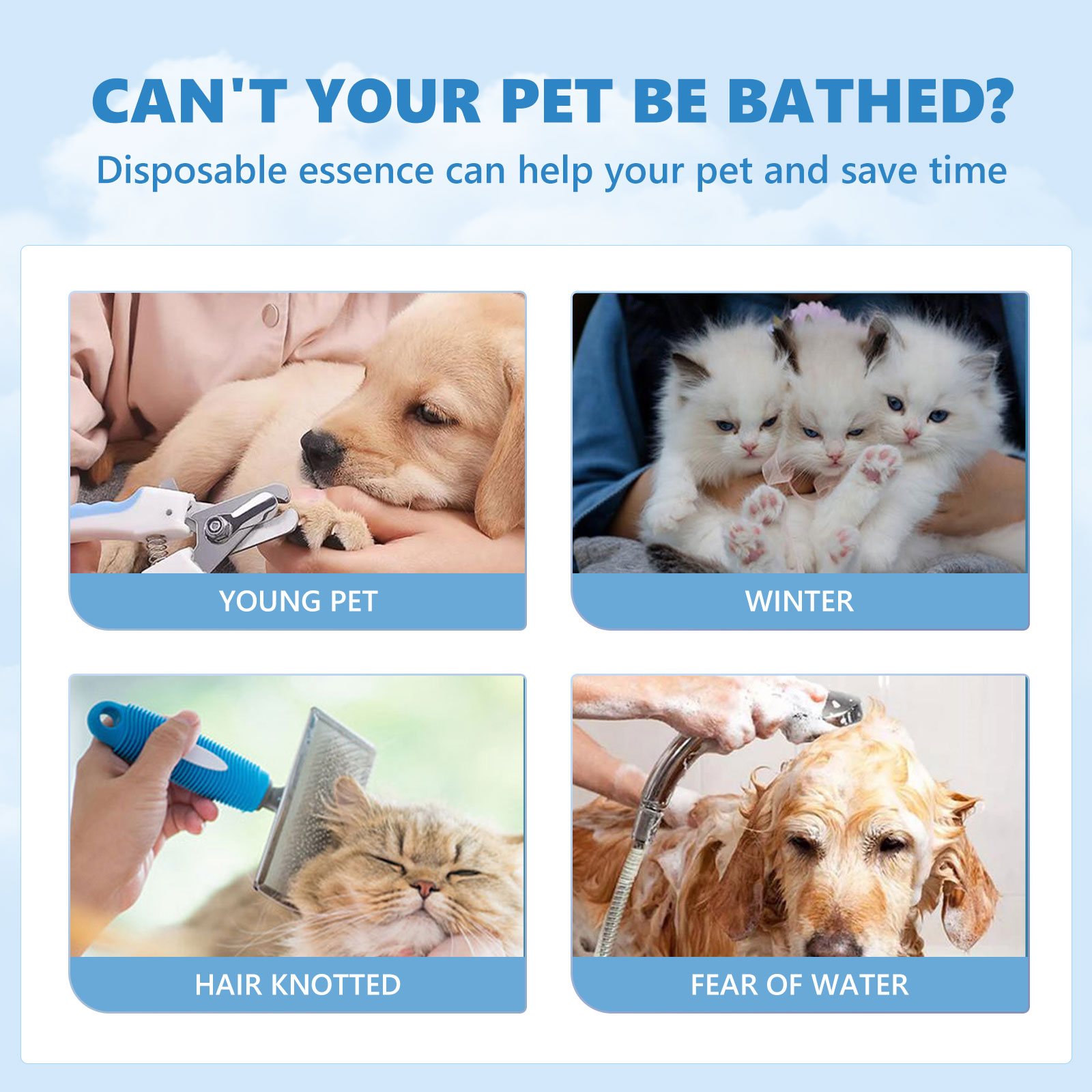 Pet coat-care use cases in blue packaging graphic