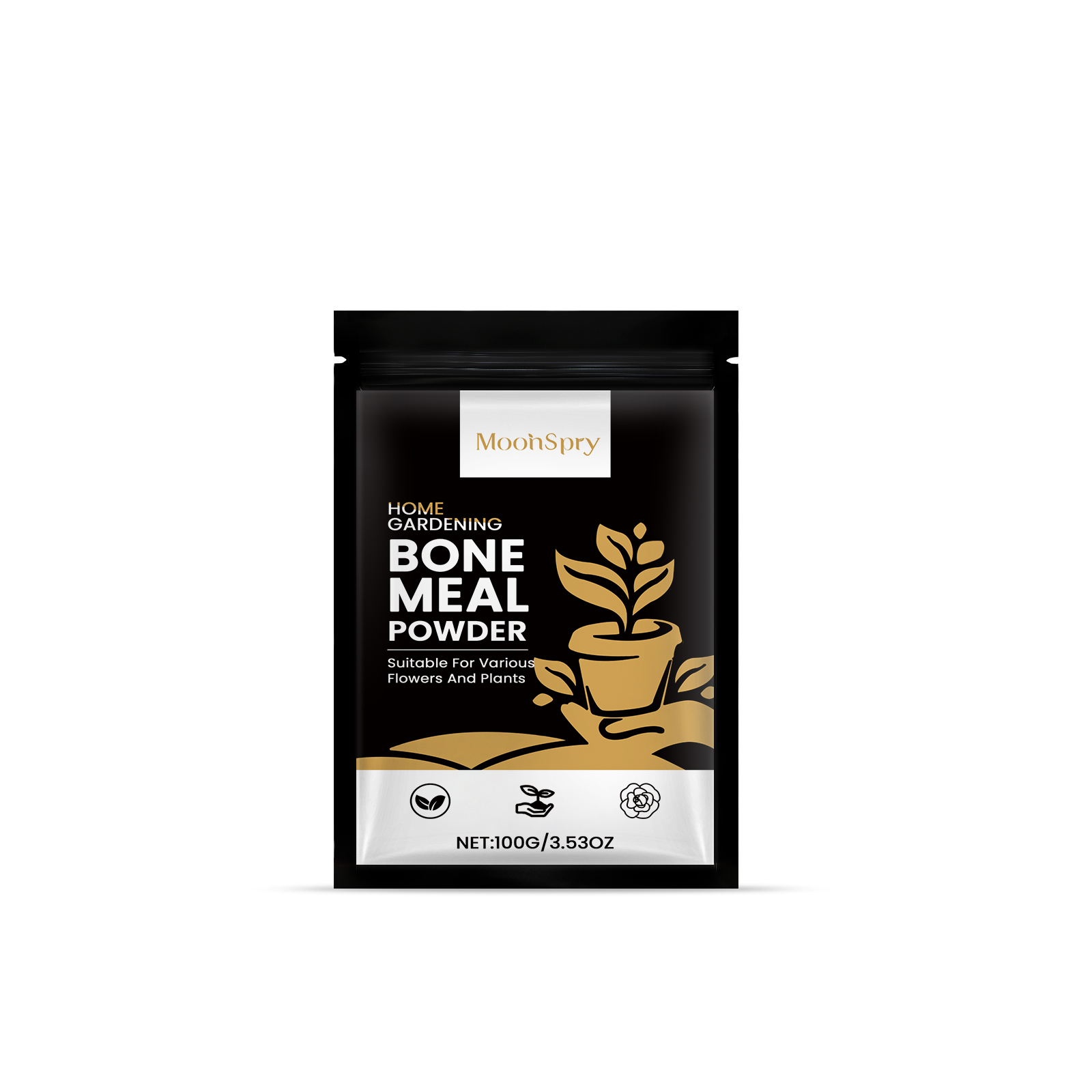 Resealable black botanical pouch with gold artwork