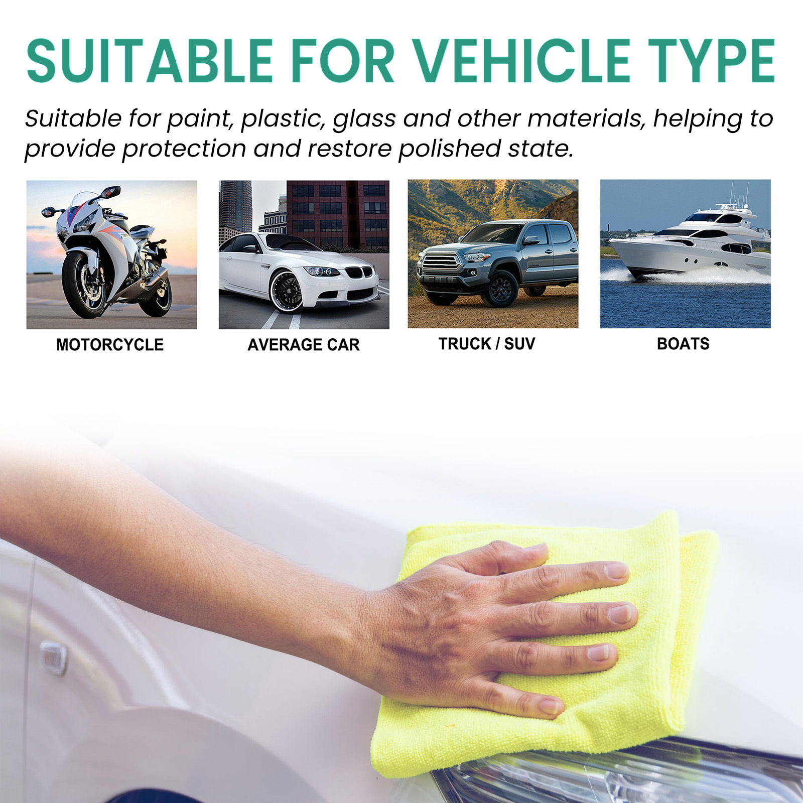 Vehicle polishing scene showing restored glossy surface
